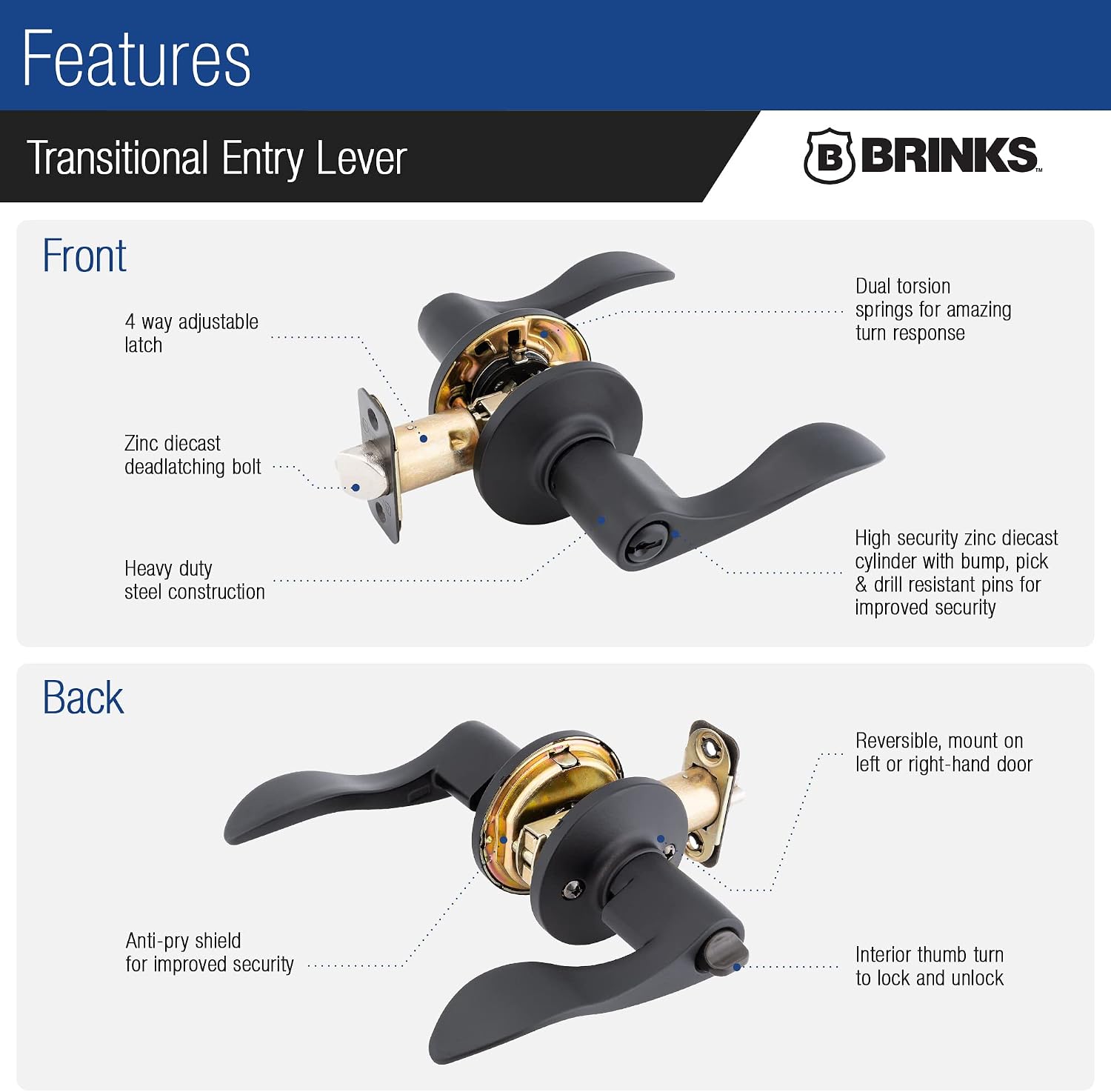 BRINKS – Transitional Keyed Entry Wave Door Lever, Matte Black - Designed for Traditional and Transitional Homes and Blends Seamlessly with Interior Décor (E2418-122)