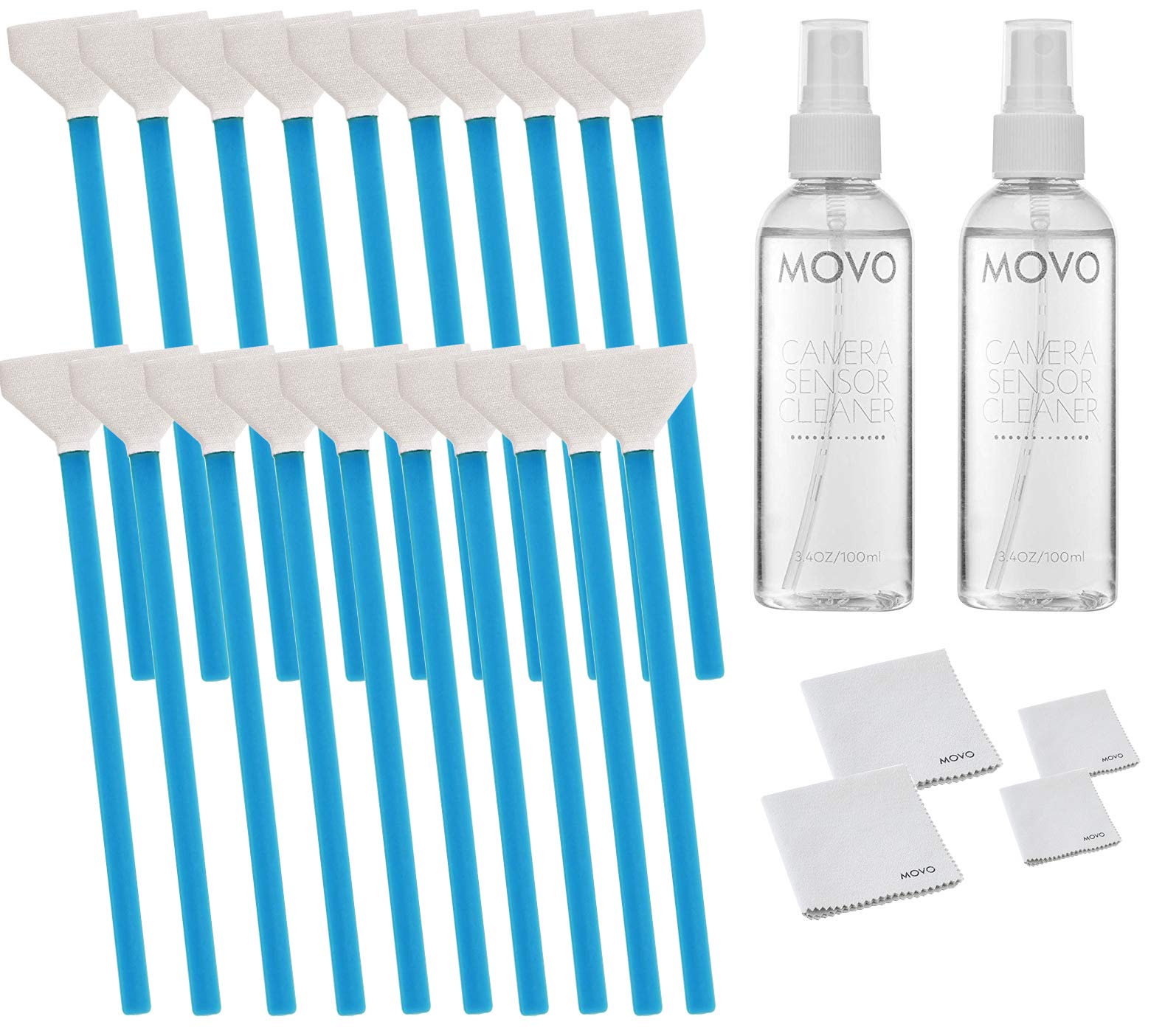 movo cck-5 dslr camera sensor cleaning kit with 20 sensor cleaning swabs, 2 sensor cleaner bottles, and 4 microfiber cleaning cloths