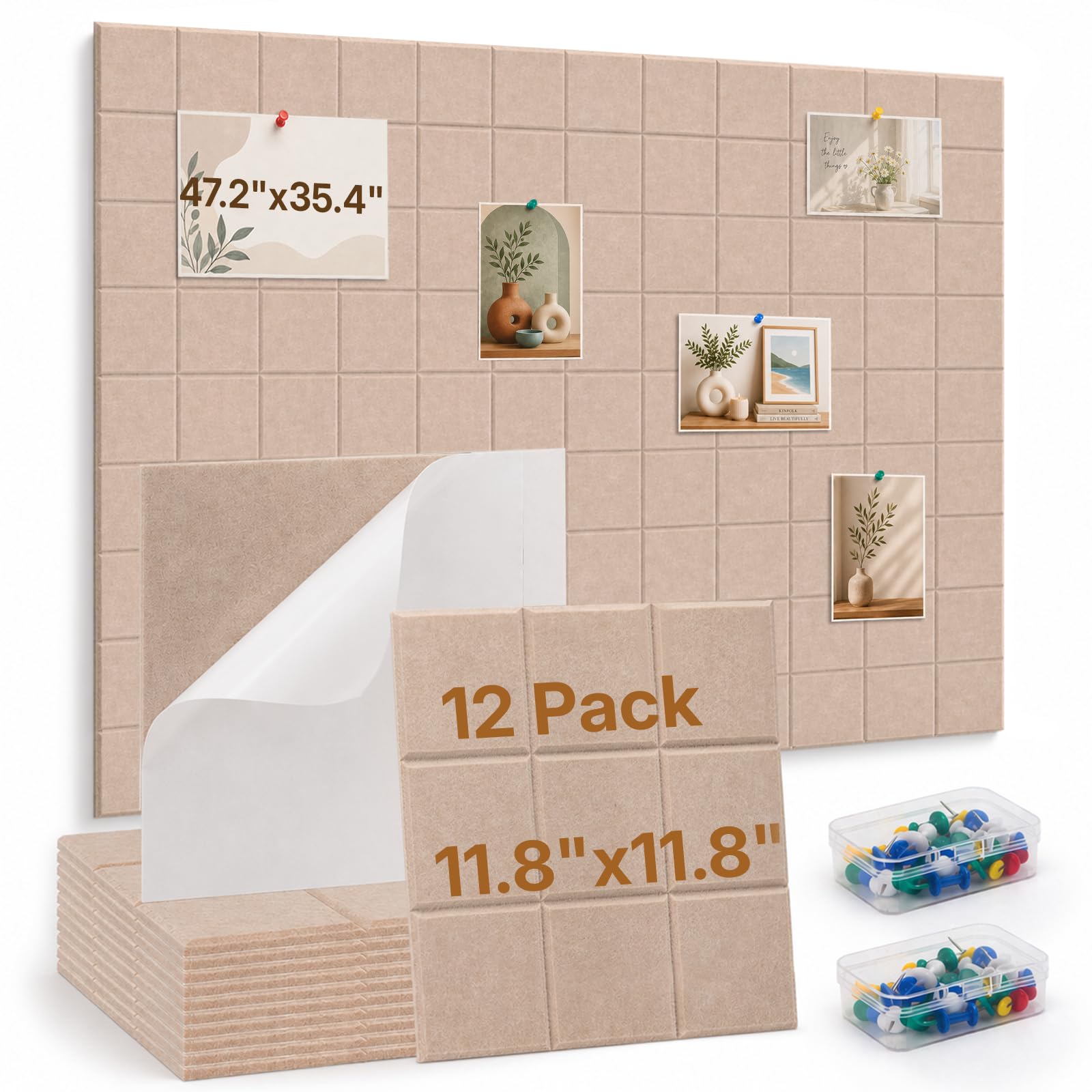 OWLKELA Large Cork Board, 120 x 90cm Felt Pin Board with 60 Push Pins, Self Adhesive Notice Boards for Wall, 12 Packs Bulletin Board for Photos Memos, Office, Kitchen and Home, Camel