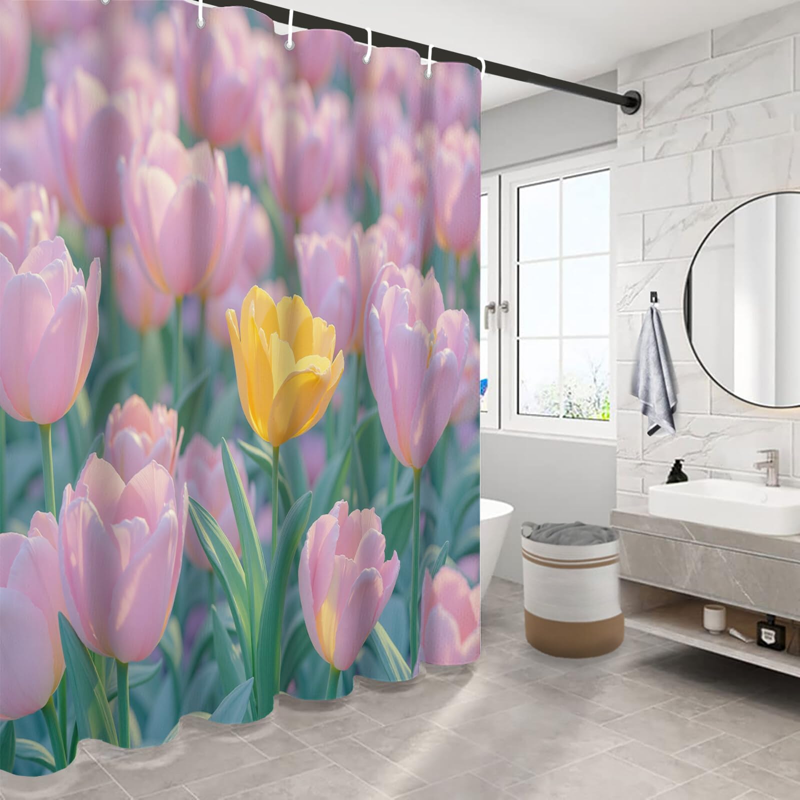 Rideau Douche,Rideau Baignoire Lavable en Machine Rideaux Douche Tissus Lavable Rideau De Baignoire Lavable pour Salle De Bain Domicile Baignoire Famille,Champs De Tulipes,