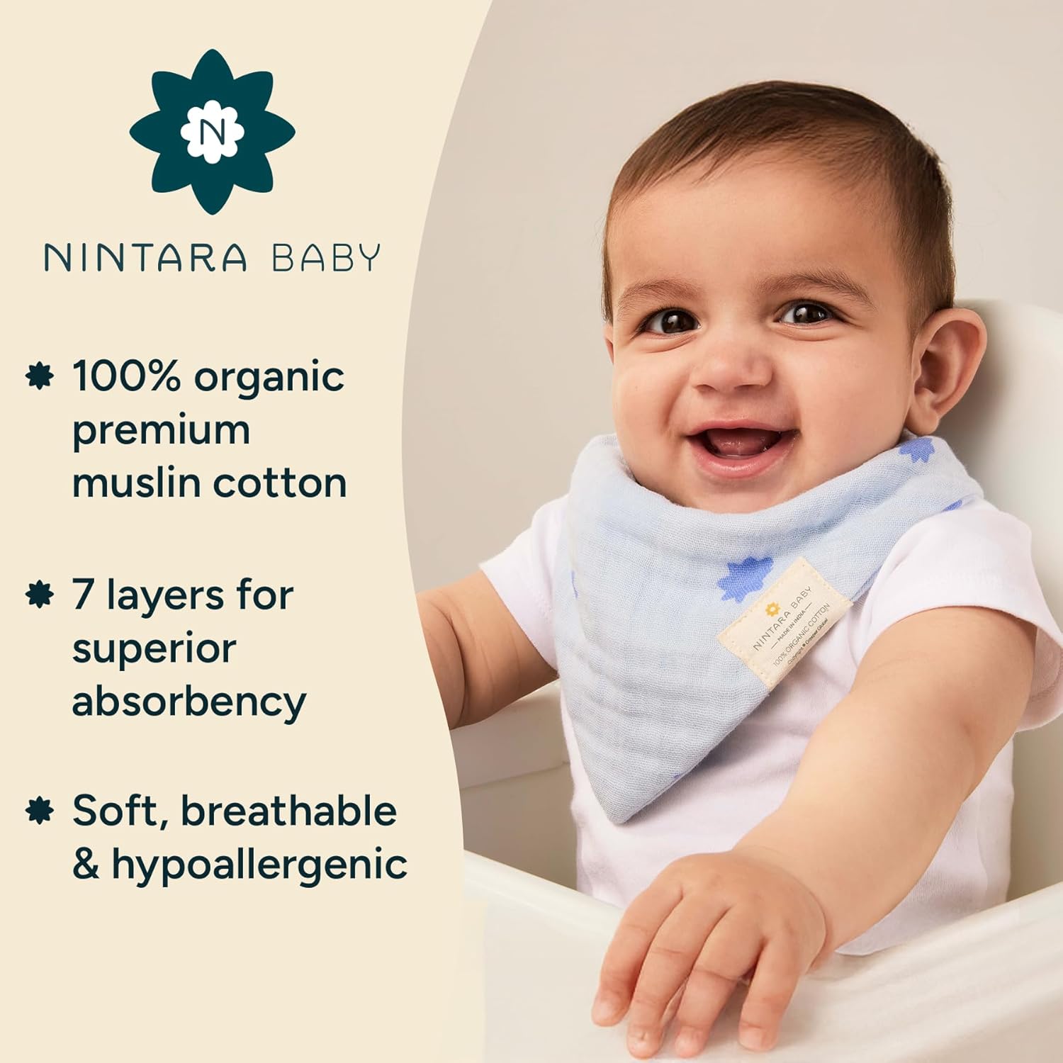 Bandana Bibs - 100% Organic Premium Muslin Cotton, Absorbent, Soft, Adjustable Snap Buttons, Reversible, 6-Layers for Drooling, Teething, Feeding, Gifts for Babies Ages 0-3, Pack of 8