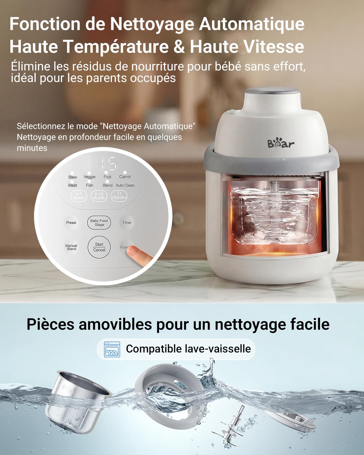 Bear Robot Cuiseur Bébé Multifonctions 10 en 1 NutriEase AllStage en Acier Inoxydable, Cuiseur Vapeur Mixeur OneStep, Cuisson et Mixage Automatiques pour une Alimentation Bébé Maison Saine, Sans BPA