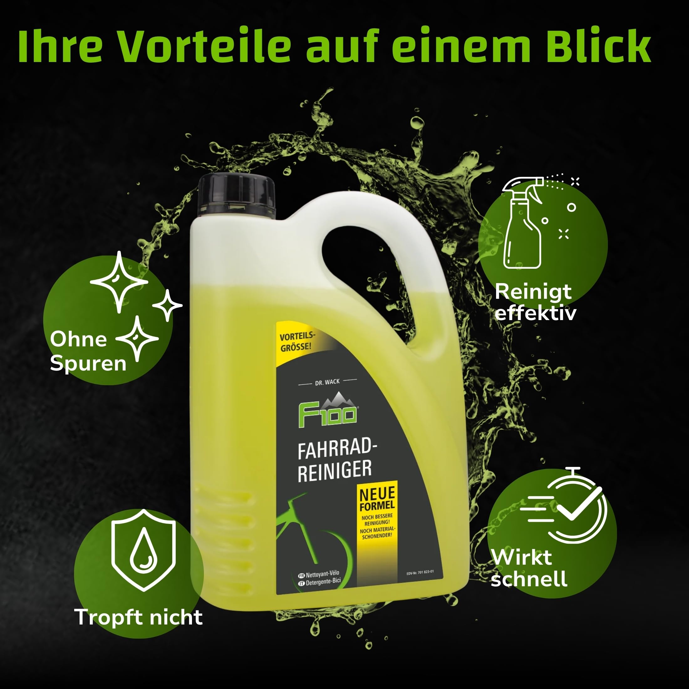 DR. WACK - F100 Fahrradreiniger 2 Liter - Reinigungsmittel für das gesamte Fahrrad - Effektives Fahrradpflegemittel - Reinigungsspray säurefrei & materialschonend - Hochwertige Fahrradpflege