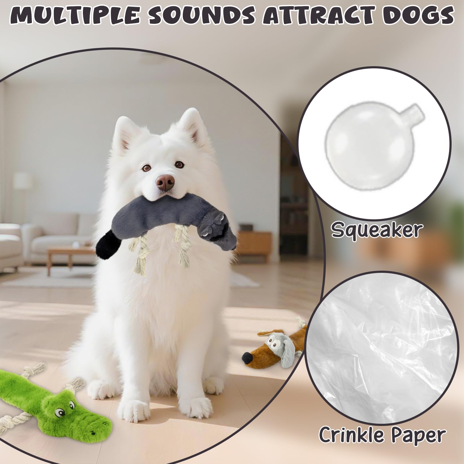 Quietschendes Hundespielzeug ohne Füllung, 3 Stück, Seilspielzeug zum Zahnen, knisterndes Plüschspielzeug, um sie beschäftigt zu halten, langlebiges interatives Hundespielzeug für kleine