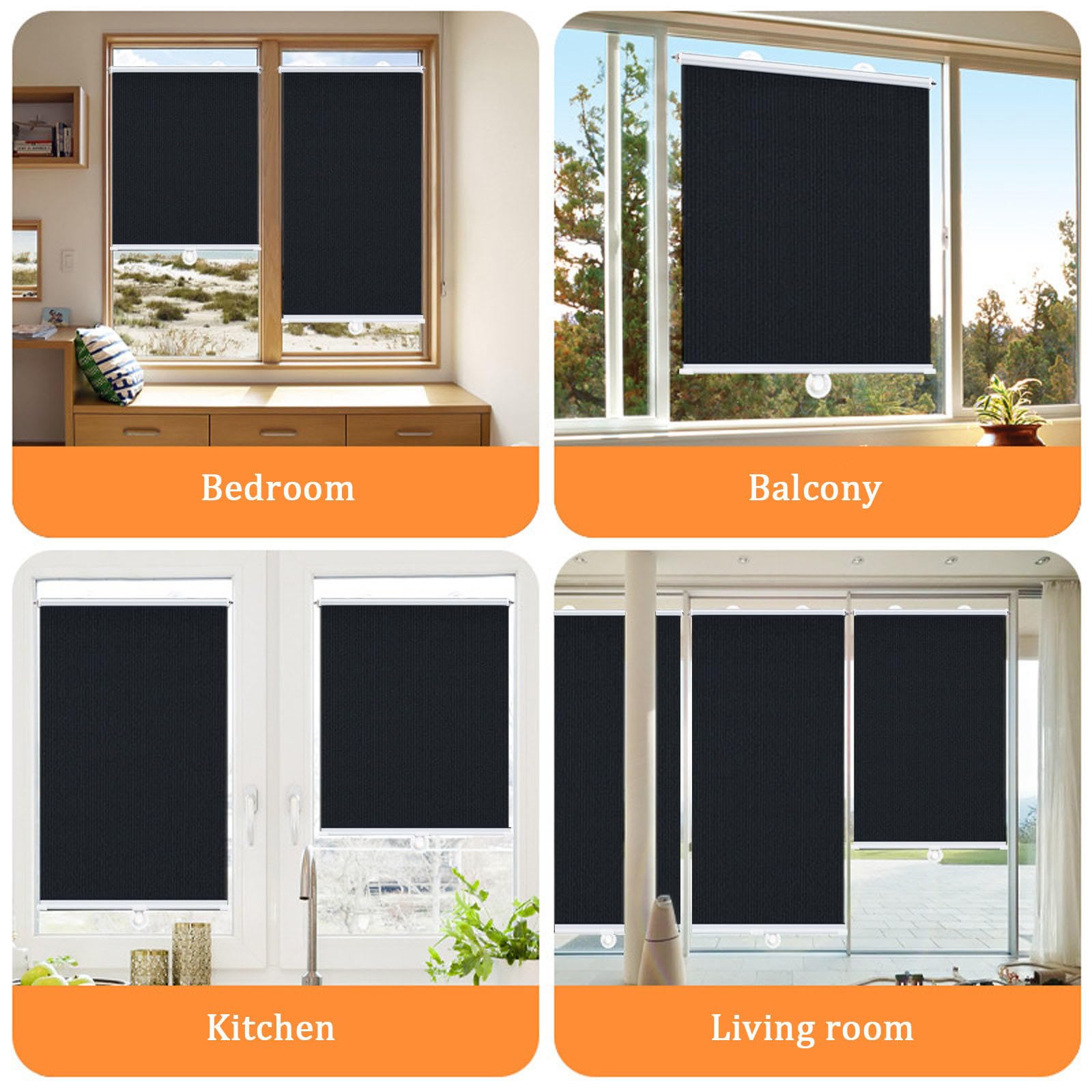 Tende a Rullo Oscuranti a Isolamento Termico,Tenda Avvolgibile a Ventosa Larga 30cm 45cm 50cm 60cm 80cm,Tende a Rullo Retrattili,Tenda di Protezione Solare Temporanea,Black-75x200cm/30x79in