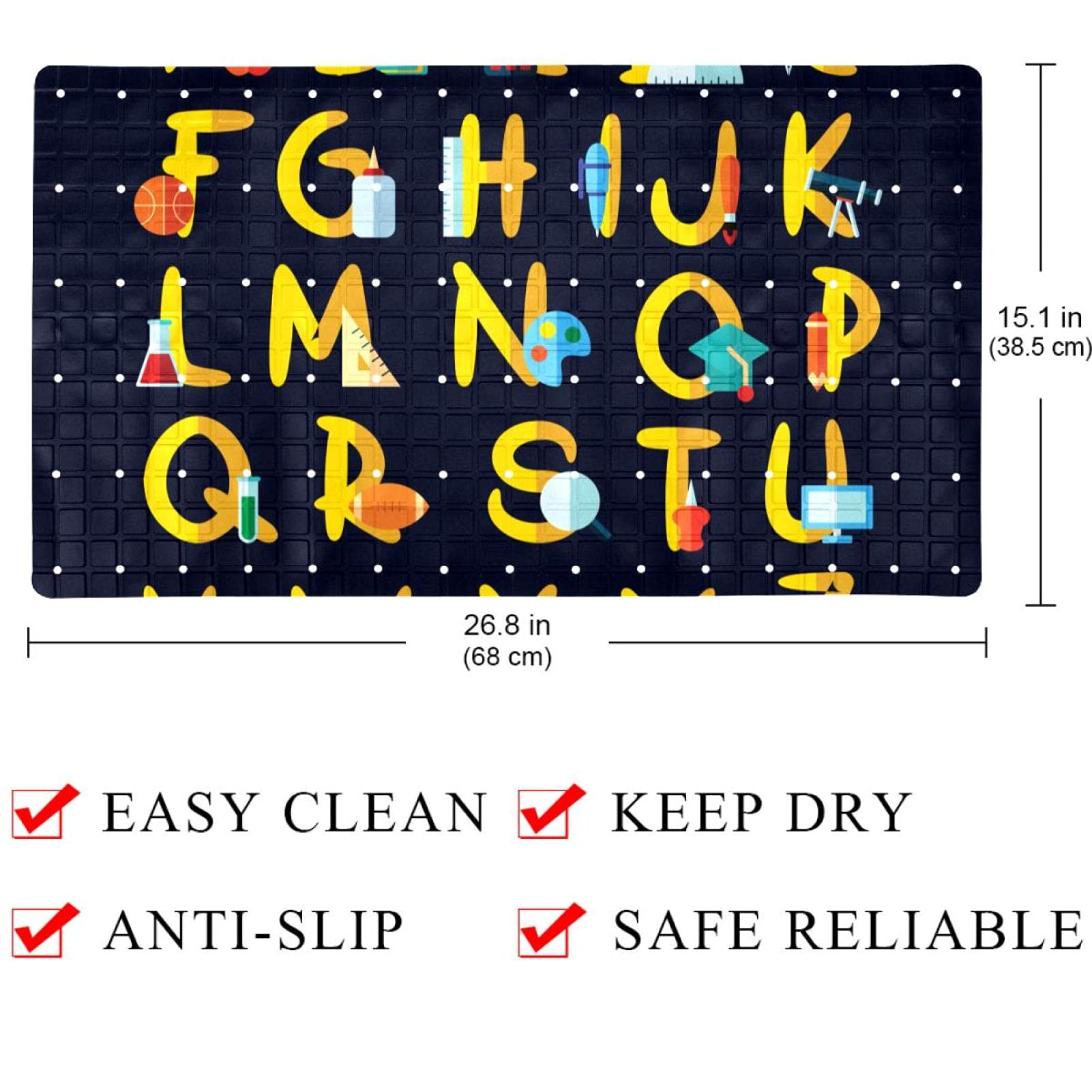 Rutschfeste Badematten für Badezimmer, Motiv: Schul-Alphabet, rechteckig, maschinenwaschbar, 39 x 70 cm