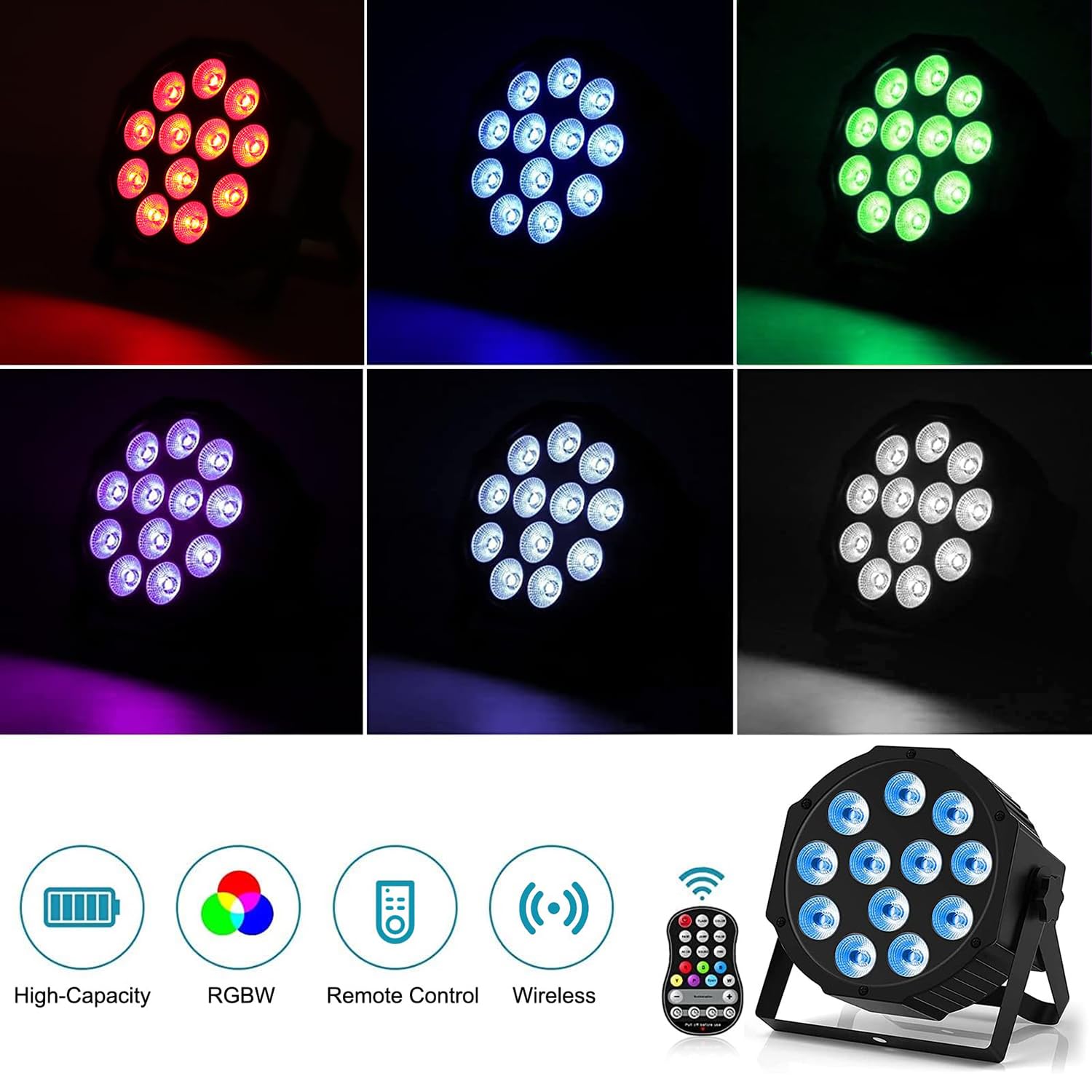 Lumières LED RGBW 4 en 1 rechargeables, alimentées par piles, lumières de scène activées par le son, avec télécommande et contrôle DMX pour événements et fêtes
