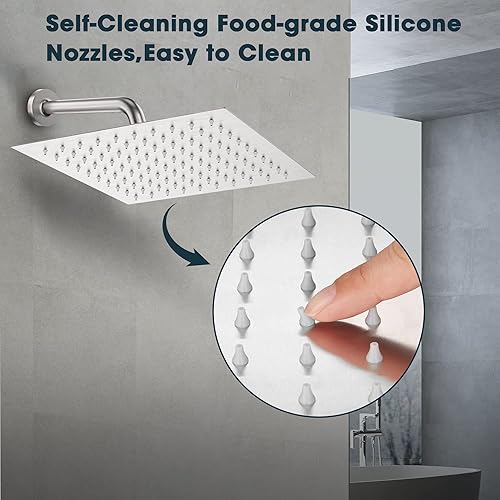 Miniatura 6 de FORIOUS Cabezal de ducha de lluvia  Cabezal de ducha de 12 pulgadas de alto flujo de níquel cepillado  Cabezal de ducha cuadrado fijo de acero