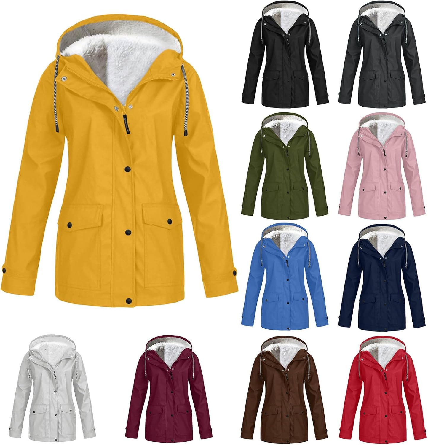Fleece Lined Raincoat for Women Waterproof Lightweight Zip Up Plus Size Coat Windbreaker Outdoor Hiking Jackets