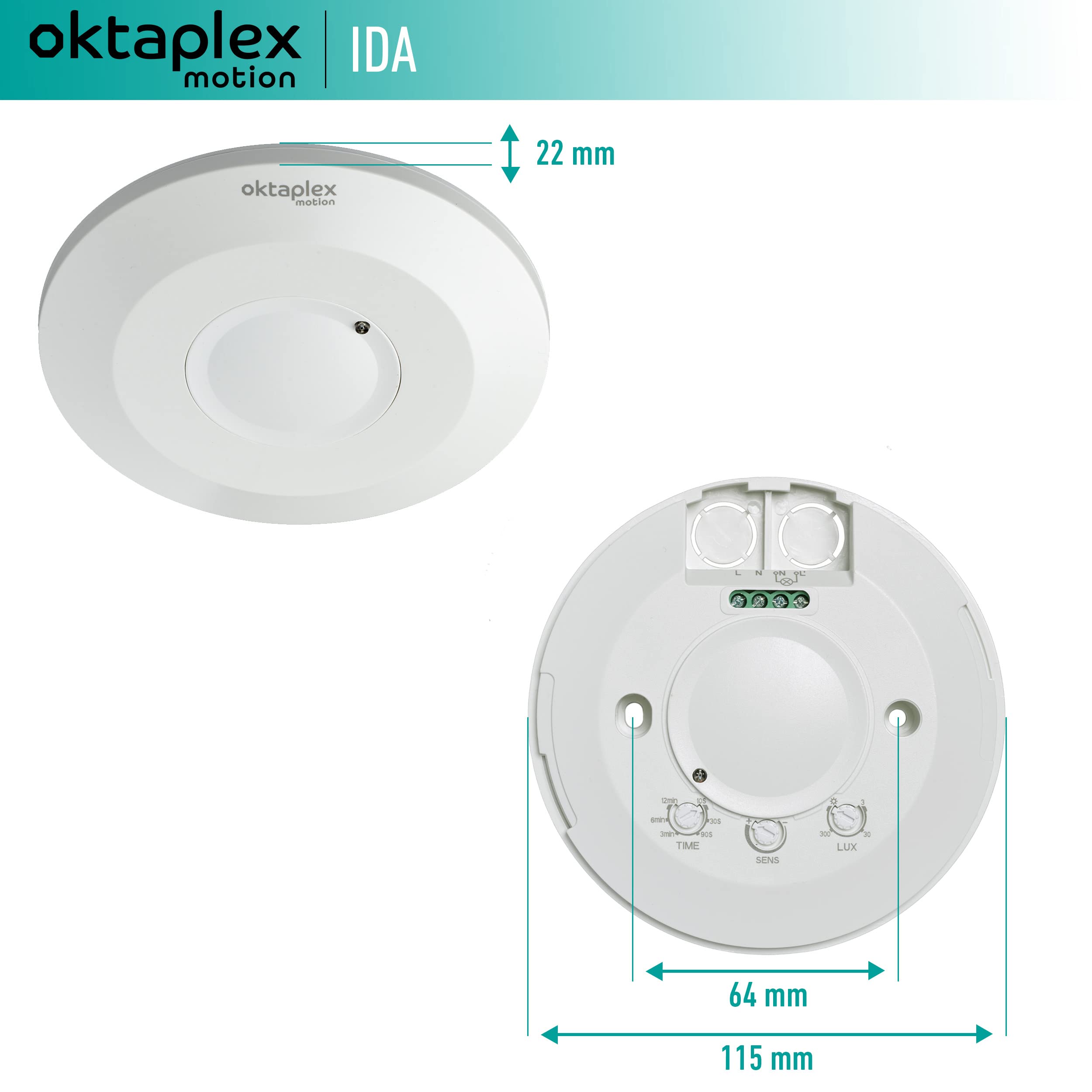 Oktaplex IDA Juego de 2 detectores de Movimiento de Techo Sensor de Alta frecuencia Plano 360° Alcance 2-16m Detector de Presencia 230V Blanco con Sensor crepuscular | Sensores de alta frecuencia 360° 2 a 16m 230V detectores de presencia blancos con senso