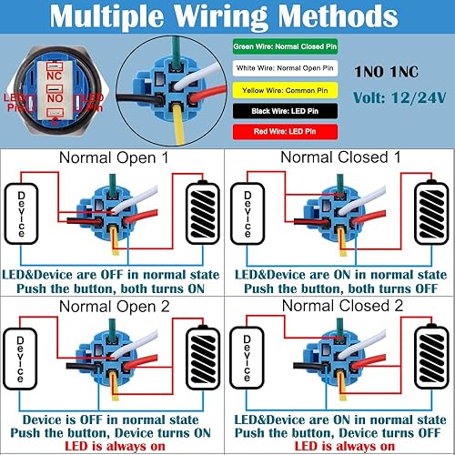 Miniatura 6 de DMWD 2 interruptores de botón momentáneos antivandálicos impermeables de 12-24 V, símbolo de encendido y apagado, luz LED, carcasa plateada de metal