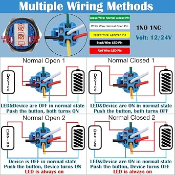 5Pcs 16mm Metal Latching Push Button Switch Waterproof Silver Shell 12V-24V 1NO 1NC ON-Off for 5/8 Mounting Hole with Pigtail Power Symbol Blue LED