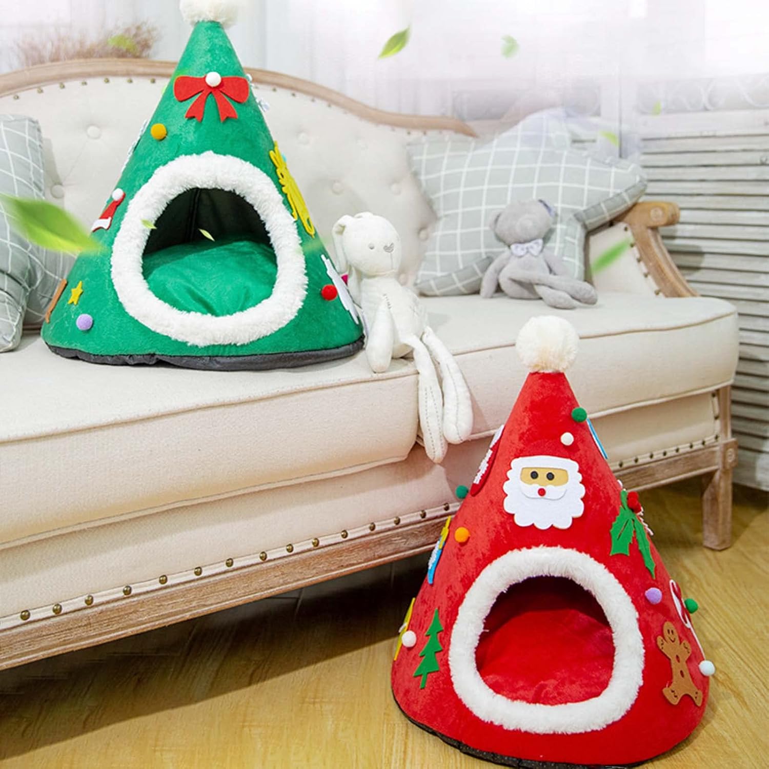 Christmas Cat Bed for Indoor Cats Small Dog Warm Bed House Washable Puppy Tent Bed Kitten Cave Removable Cushion