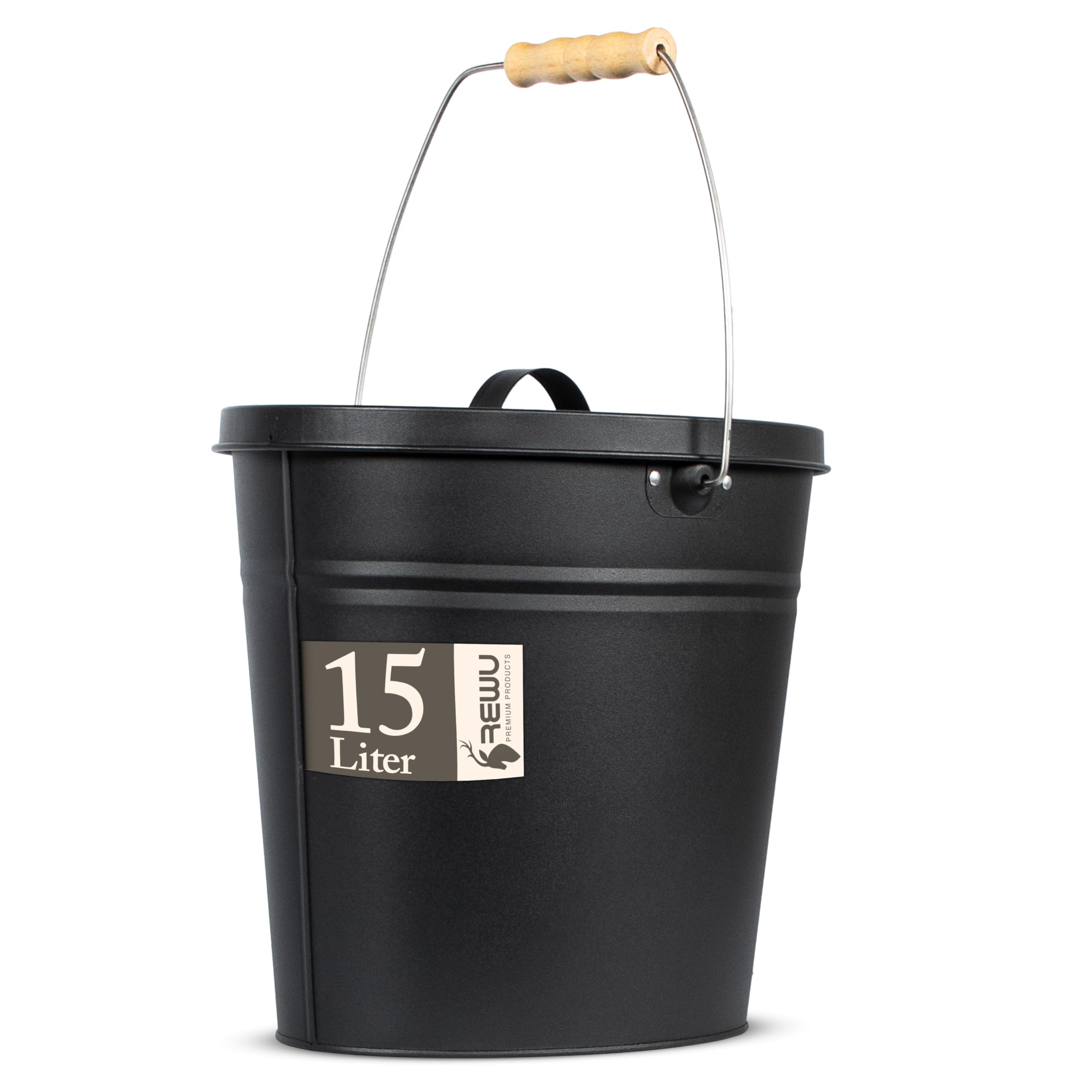 REWU Cubo de cenizas con tapa, 15 L, metal para chimenea y barbacoa | Cubo de metal estable de 15 L con tapa para cenizas completamente enfriadas, chimenea, carbón, briquetas y leña