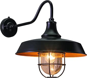 VAXCEL Dorado 16.75 in. H 1-Light Dark Bronze and Light Gold Dusk to Dawn Sensor Farmhouse Outdoor Wall Sconce, Gooseneck Clear Glass and Metal Cage Shade for Exterior Porch Patio Front Door or Garage