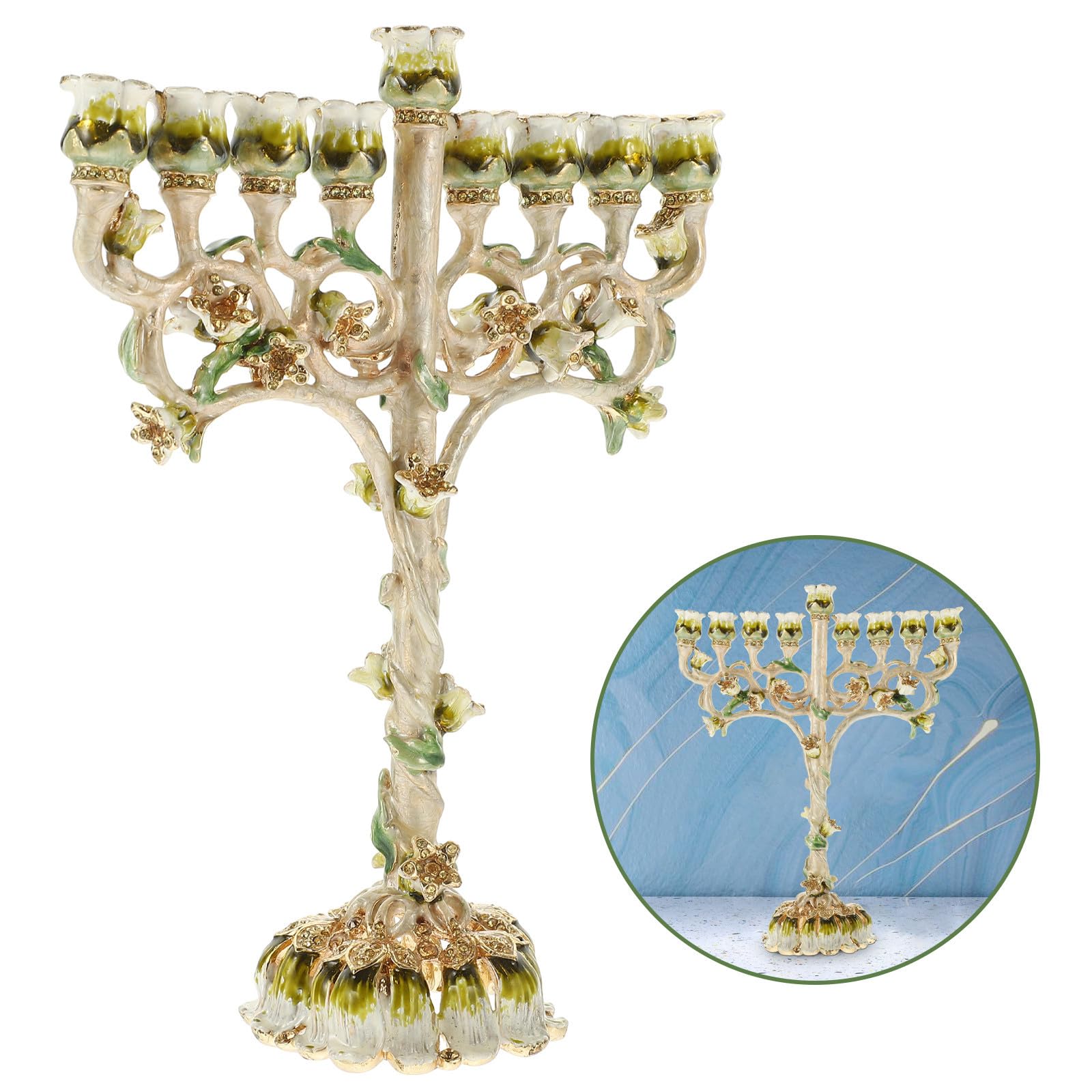 SHINEOFI Candelabro Menorá de 9 Brazos para Ceremonia Religiosa Diseño Vintage de Esmalte, Soporte Metálico Resistente Adecuado para Ambientación de Hanukkah Hogar