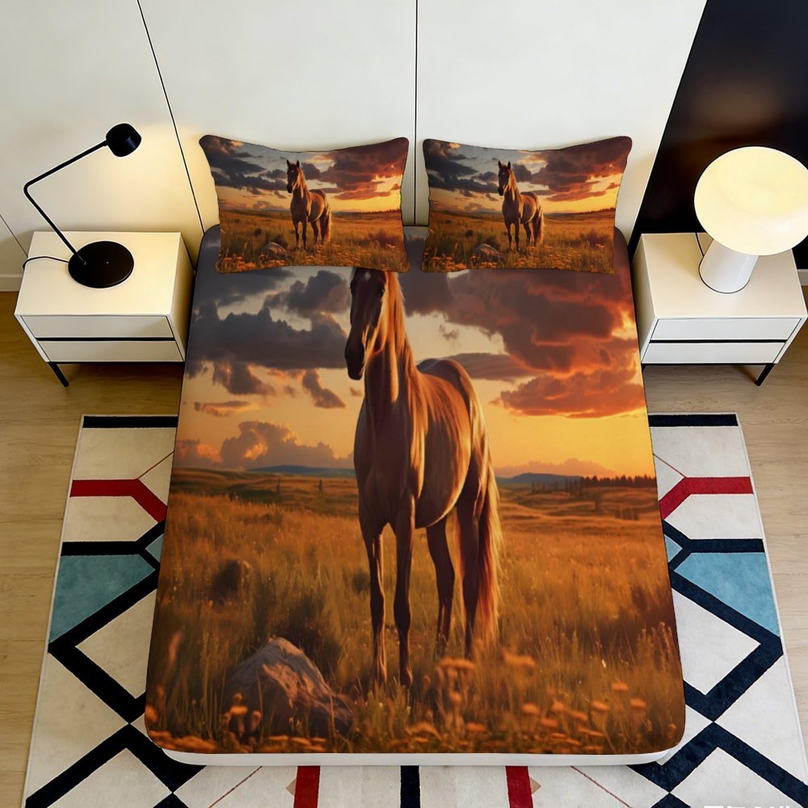 Pnayamiorkfel Style-3 3D Printed Sunset Horse Fitted Sheet Microfiber Soft Decorative Wild Field Bed Cover For Bedroom Dorm Mattress 90X200x25cm
