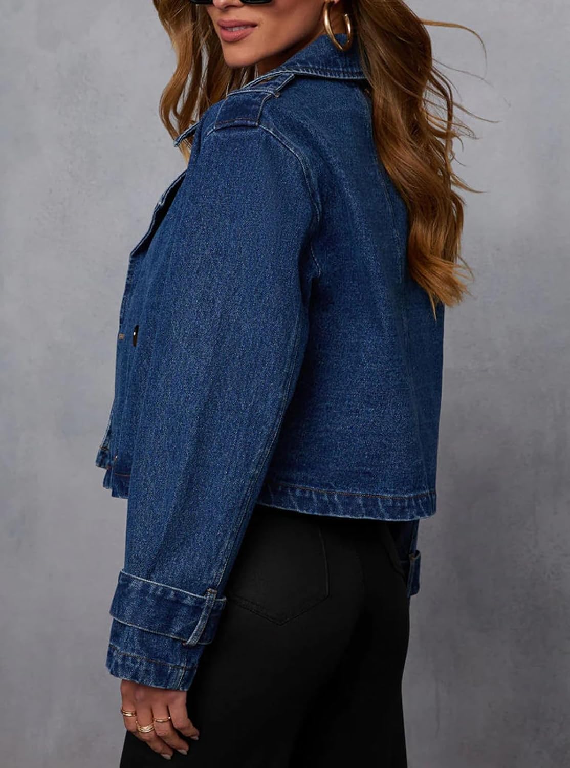 Womens Cropped Double Breasted Denim Trench Coat Vintage Notched Collar Work Office Crop Jean Jacket Belted Cuffs - Image 7
