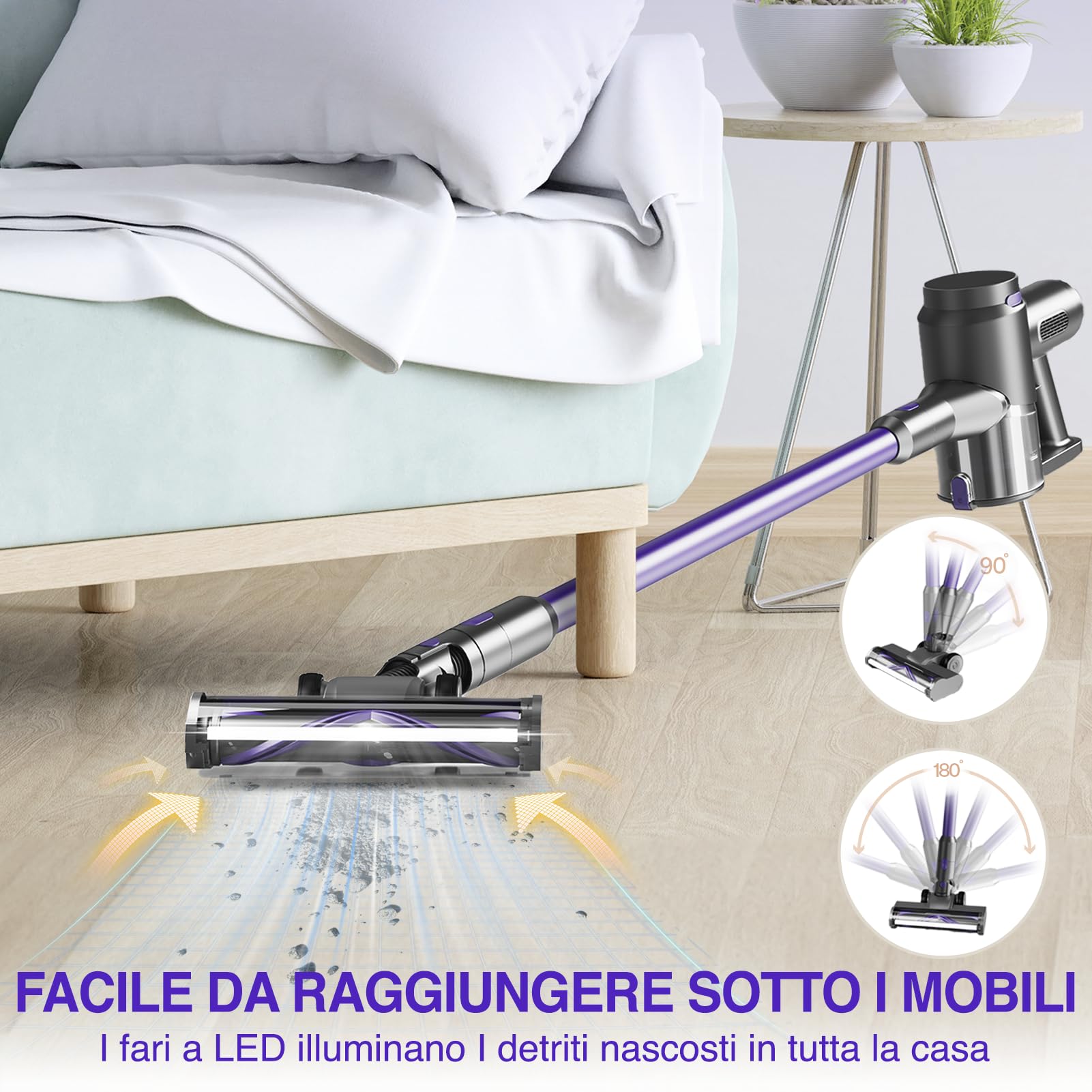 m MU Aspirapolvere senza fili, aspirapolvere ultraleggero 6 in 1, Scope elettriche batteria da 2200 mAh fino a 45 minuti di autonomia, 21000 Pa 250W potente aspirapolvere portatile per pavimenti duri