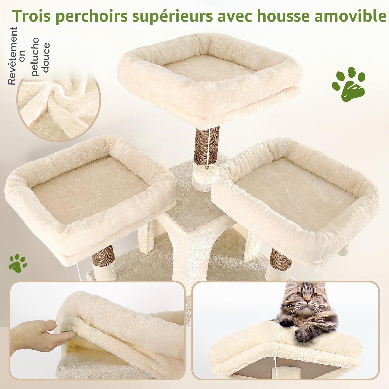 Globlazer Arbre à Chat Grand Beige, Arbres a Chats XXL Hauteur 204 cm avec 3 Perchoirs Rembourrés, 2 Niches, 2 Paniers, Hamac, Tour de Chat Stable pour 3-5 Chats Adulte Repos Jeu Gratter (F80, Beige)