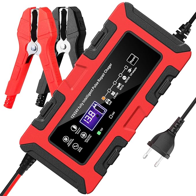 12V/24V Car Battery Charger, 10A High Power Smart Battery Charger Maintainer with Pulse Repair, Fast Charging for Car, Bike, Truck, SUV, and Boat