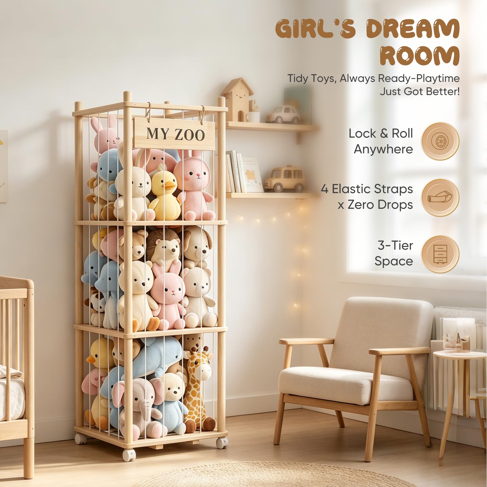 Contenitore per animali di peluche, in legno, con ruote attrezzate a 360° grande capacità per la camera dei giochi, la cameretta dei bambini, la camera da letto (3)