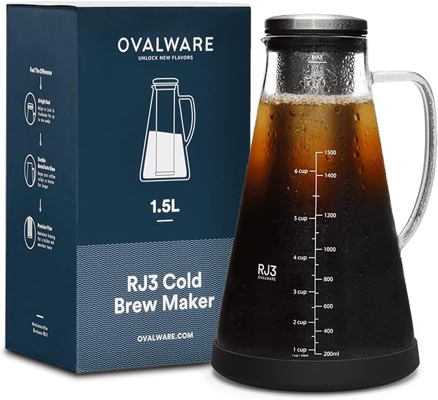 ovalware Airtight Cold Brew Iced Coffee Maker (& Iced Tea Maker) with Spout  1.5L/51oz RJ3 Brewing Glass Carafe with Removable Stainless Steel Filter