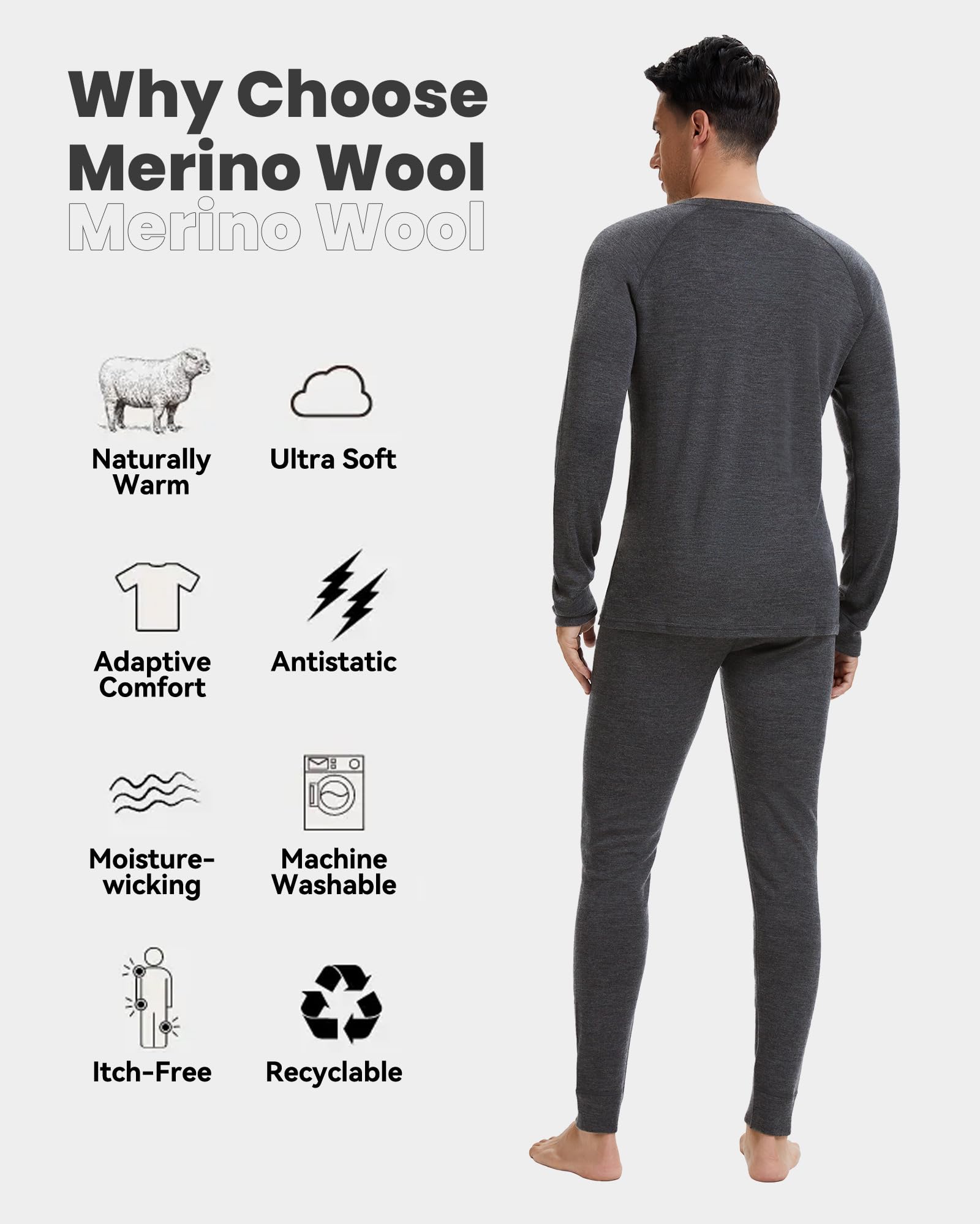 100% Merino Unterwäsche-Set Herren Merinowolle Thermounterwäsche Ski | Feuchtigkeitsableitend, Wärmeregulierung, 18,5 Mikron, 190g/m² & 260g/m², Langarm Ober- & Unterteile, Wintersport, Skifahren