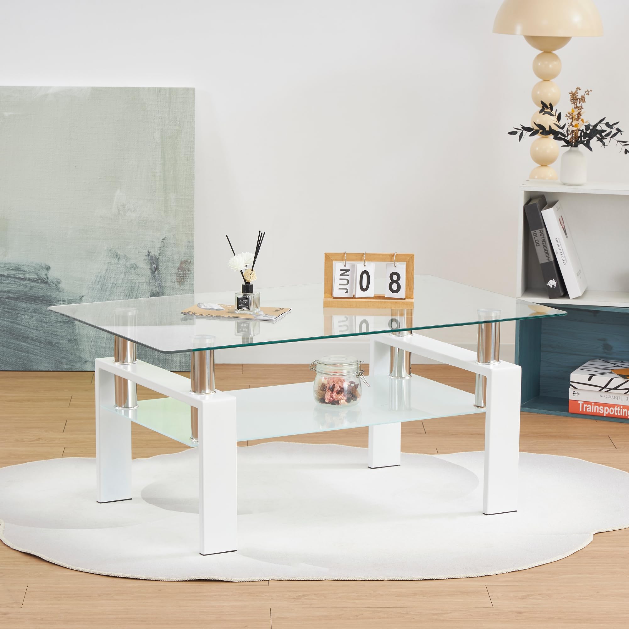 Mesa de Centro 100 x 60 x 44 cm Porter, Mesa de Cafe Rectangular con Vidrio Templado Transparente 6 mm y Estructura Blanca, diseño Elegante, para salón y Zona Lounge