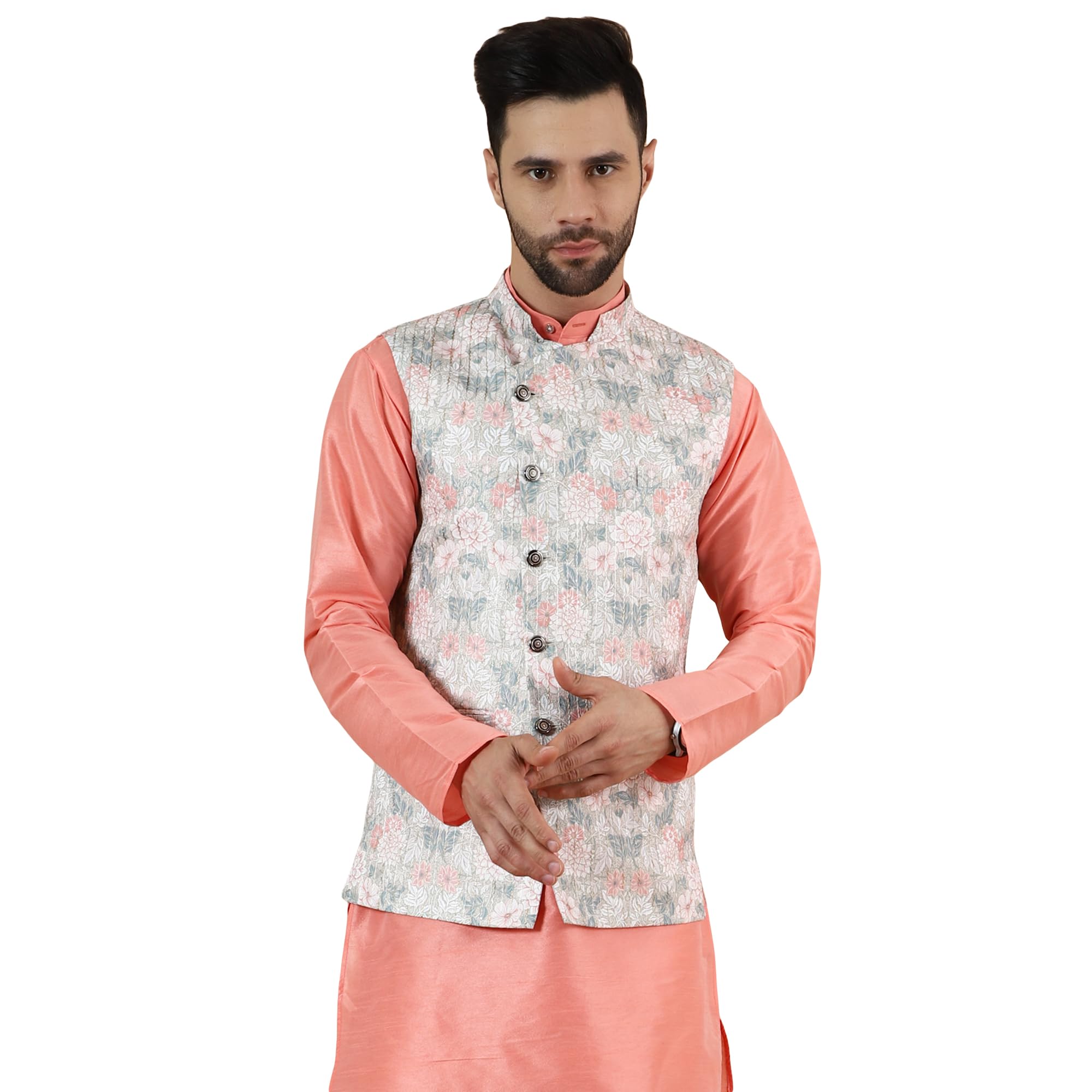 wintage Men's Digital Print Cotton Silk Pink Modi Nehru Jacket-picture-45