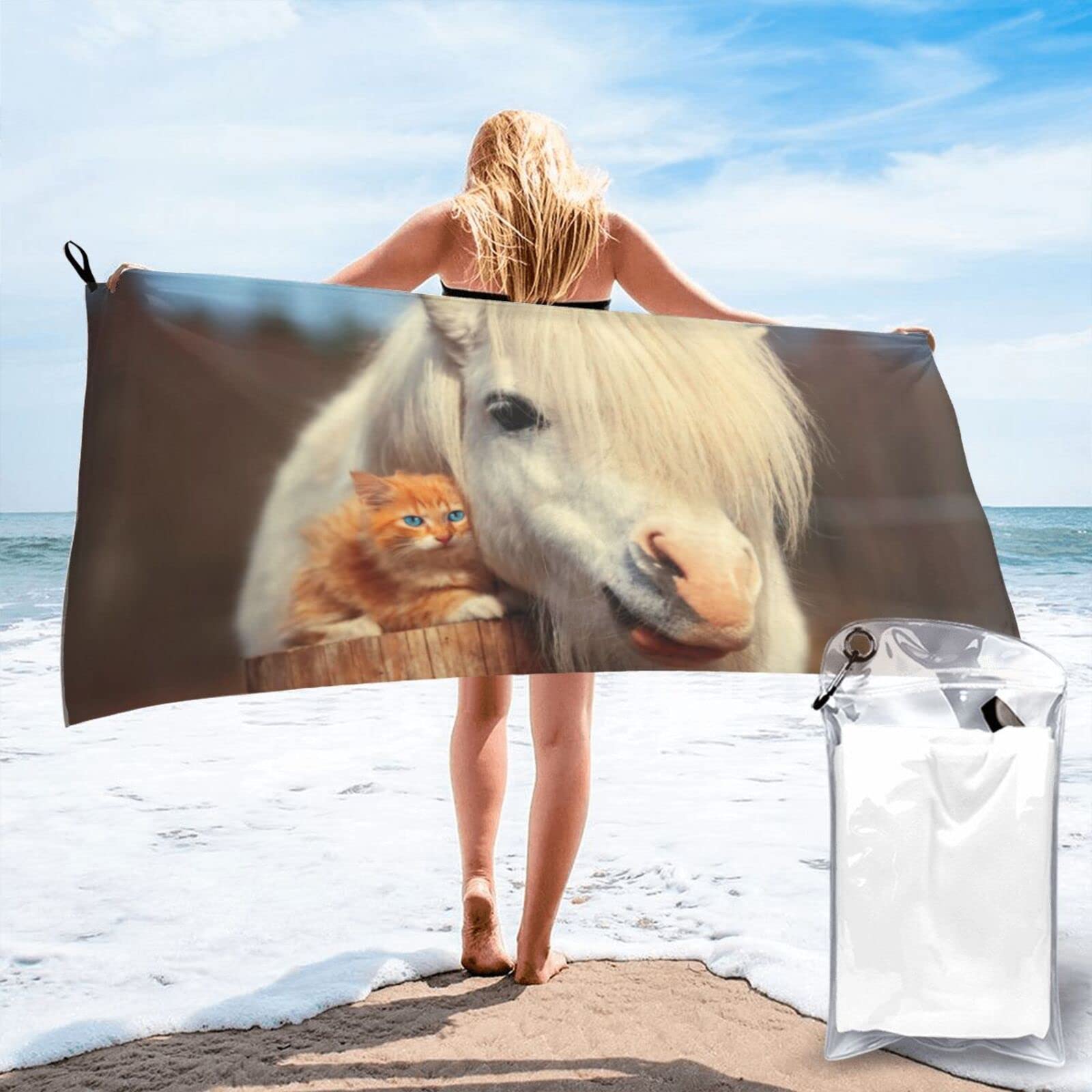 Lawenp Cute Cat and Horse Microfiber Beach Towel Adults Large Quick Drying Bath Towel Travel Towels with Pouch 31.5"x63"