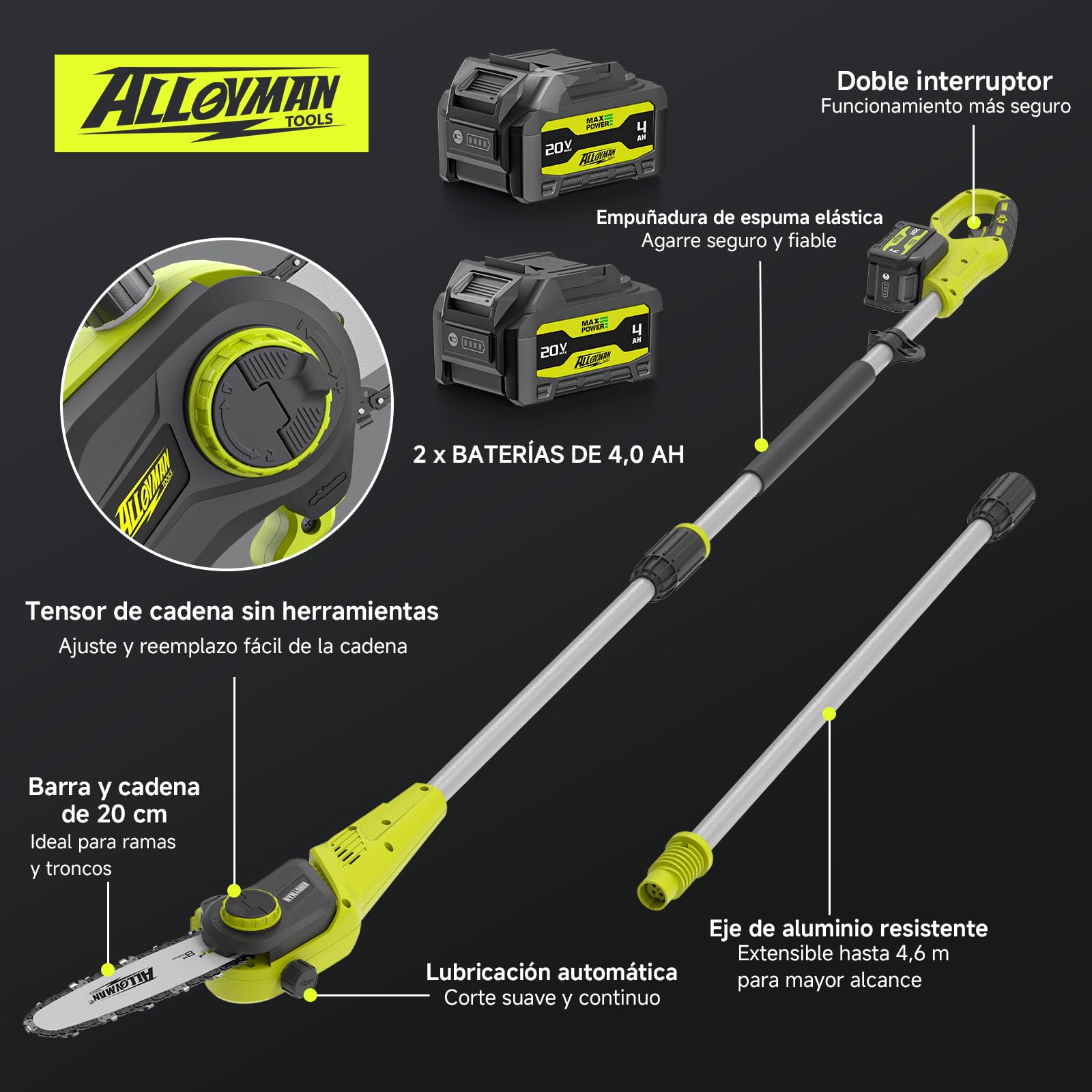 Alloyman Motosierra telescópica de poda a batería 20V MAX, Podadora telescópica a batería, 2 baterías 20V 4,0 Ah y cargador, espada de 20 cm, velocidad de cadena 5,5 m/s, 4KG, lubricación automática