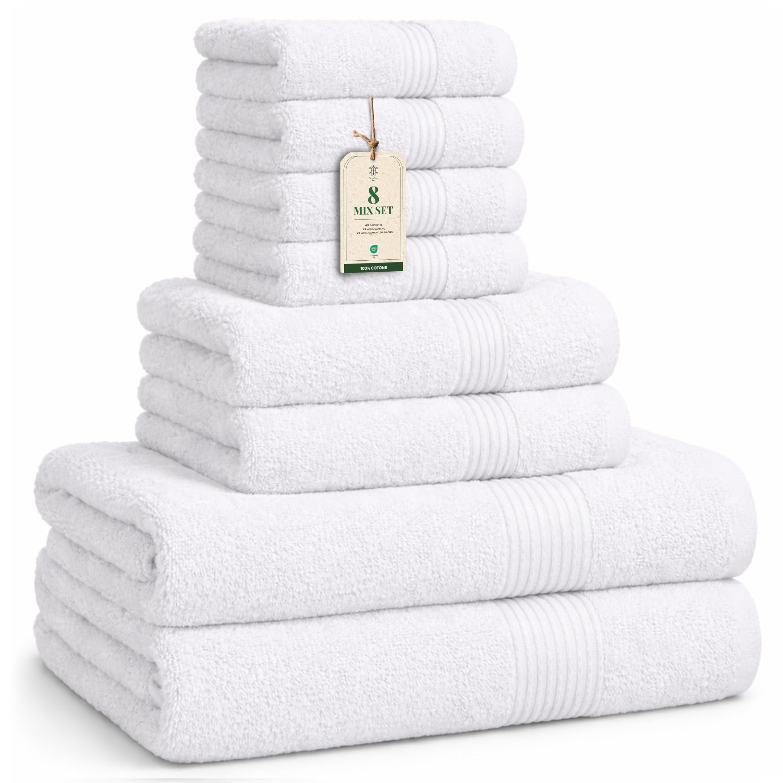 Luxe Set asciugamani 8 pezzi: salviette (30×30 cm), asciugamani (40×70 cm) & teli bagno (65×137 cm) – 100% cotone, morbidi, assorbenti, Bianco