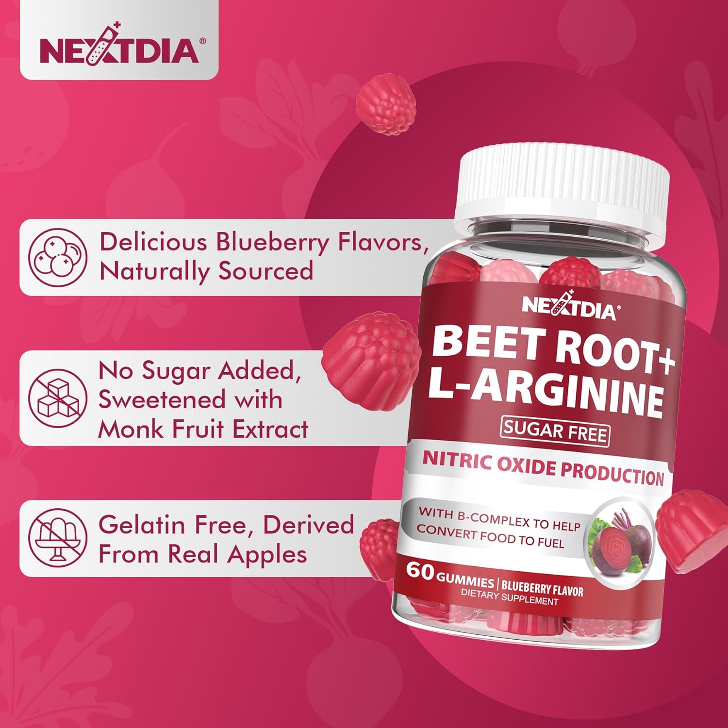 Beet Root Gummies, Beetroot & L-Arginine, Red Beets Supplements w/ Vitamin B1, B2, B3, B5, B6, Folate, B12 for Energy Boost & Circulation Support, Sugar Free Nitric Oxide Gummies, 120 Beet Chews - Image 8