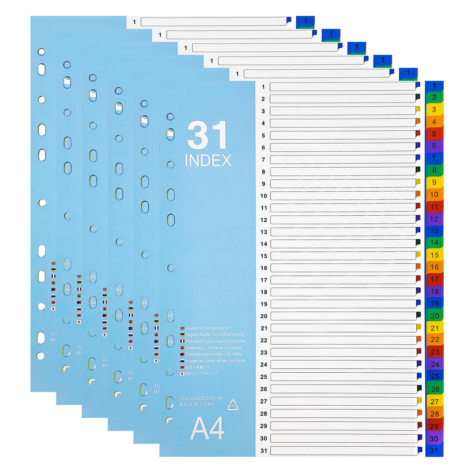 LELADY Divisores de Archivos A4, (6 Unidade) Separadores de Archivos, Separadores de 31 Partes, Número 1-31, Divisores con 11 Agujeros, Divisores de Sujeto A4, File Dividers