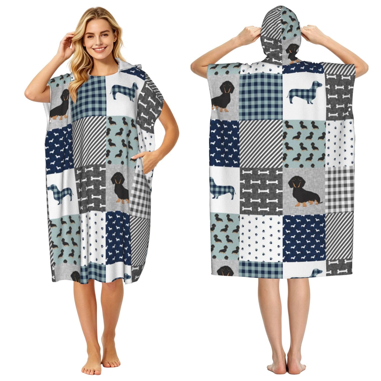 Poadnly Dachshund Pet Dog Breed Silhouette Black And Tan, Adult Hooded Beach Towel 90 x 110 cm,Changing Bath Robe, Surf Poncho Towel For Women Men