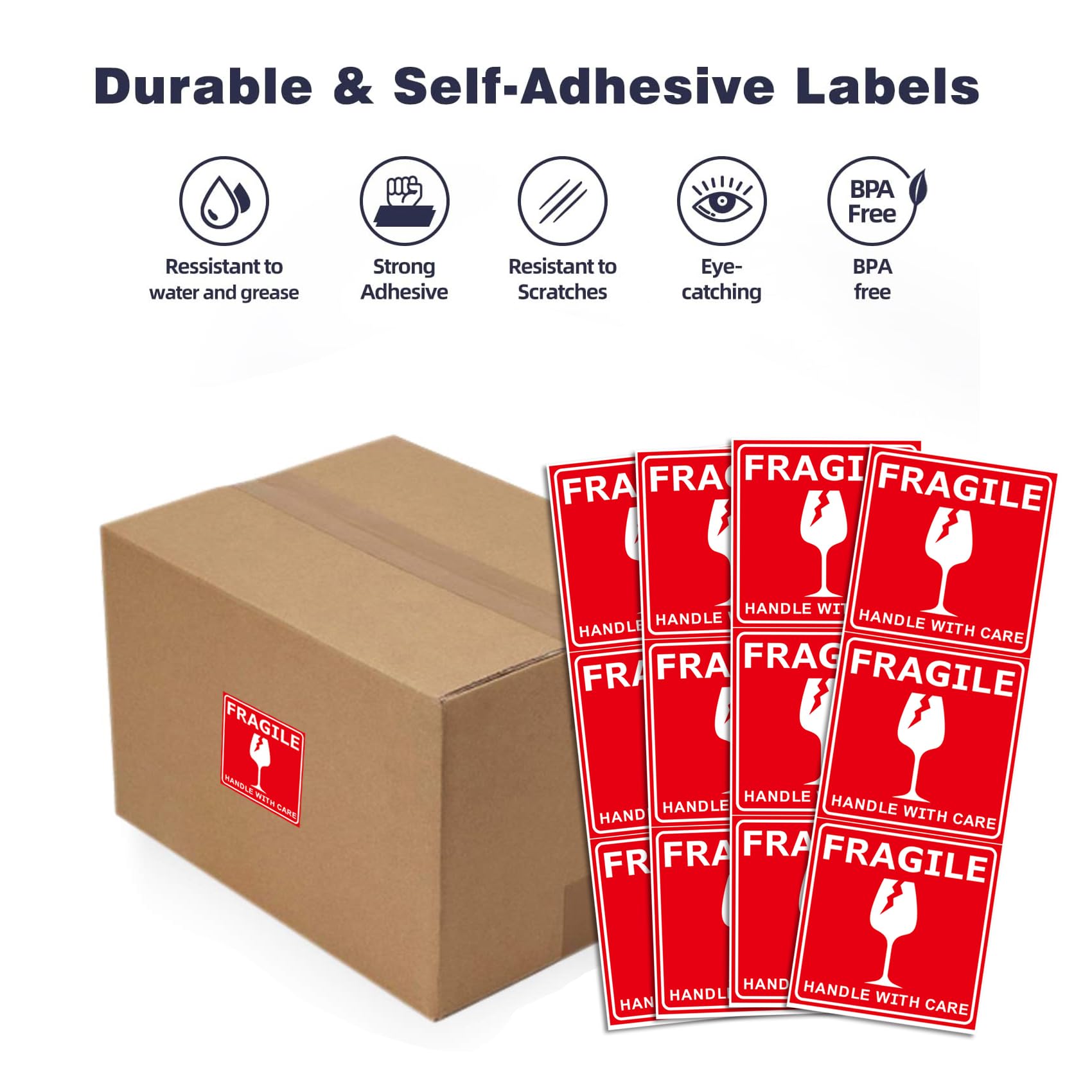 Fragile Stickers – Autocollants d'avertissement pour expédition avec poignée fragile avec soin – Adhésif puissant – Étiquettes fragiles d'emballage – 102 étiquettes adhésives permanentes par rouleau