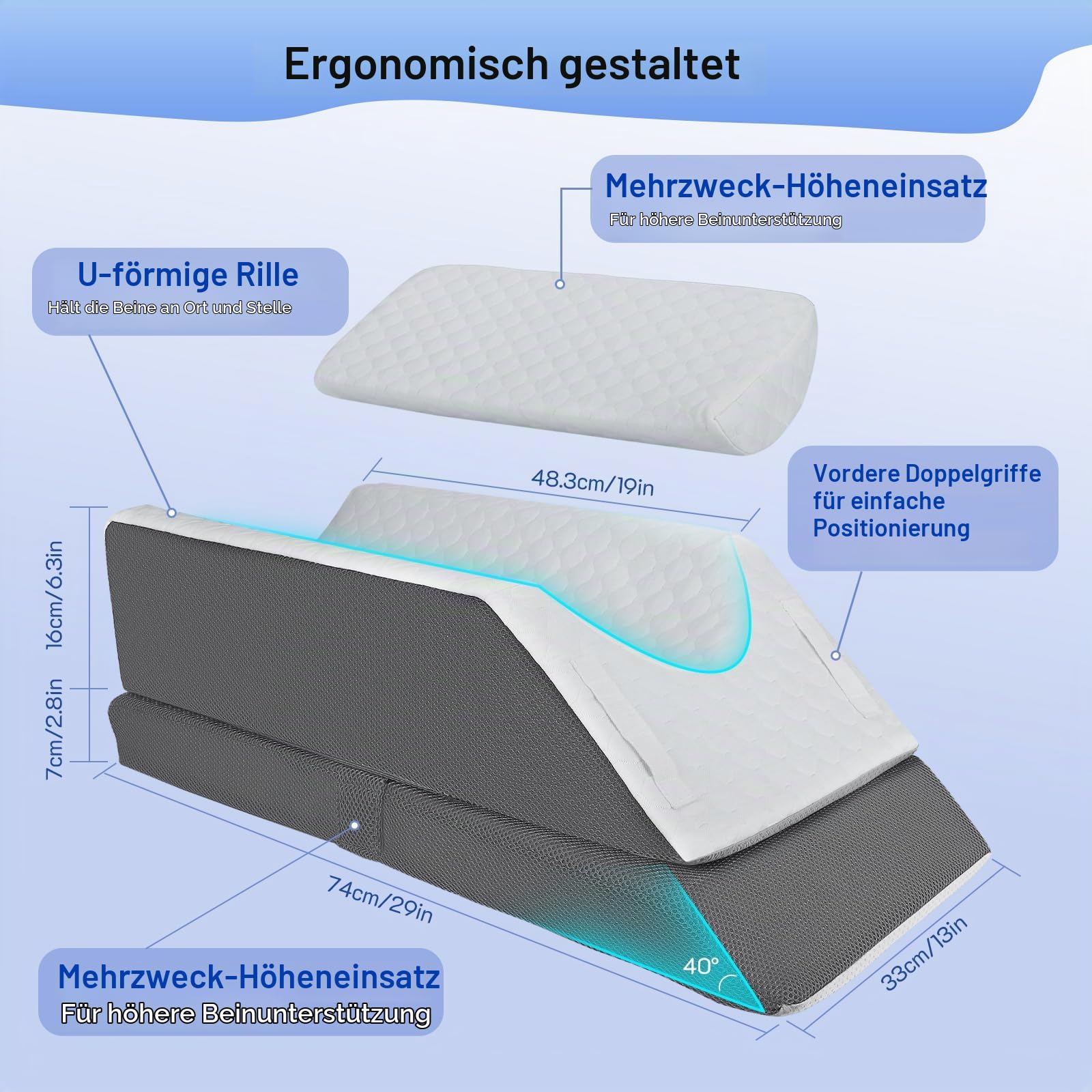 Ergonomisches Höhenverstellbare Venenkissen, Beinhochlagerungskissen mit Memory-Schaumstoff, Lymphkissen und Keilkissen zum Beine hochlagern für nach Operationen, Verletzungen oder zum Ausruhen