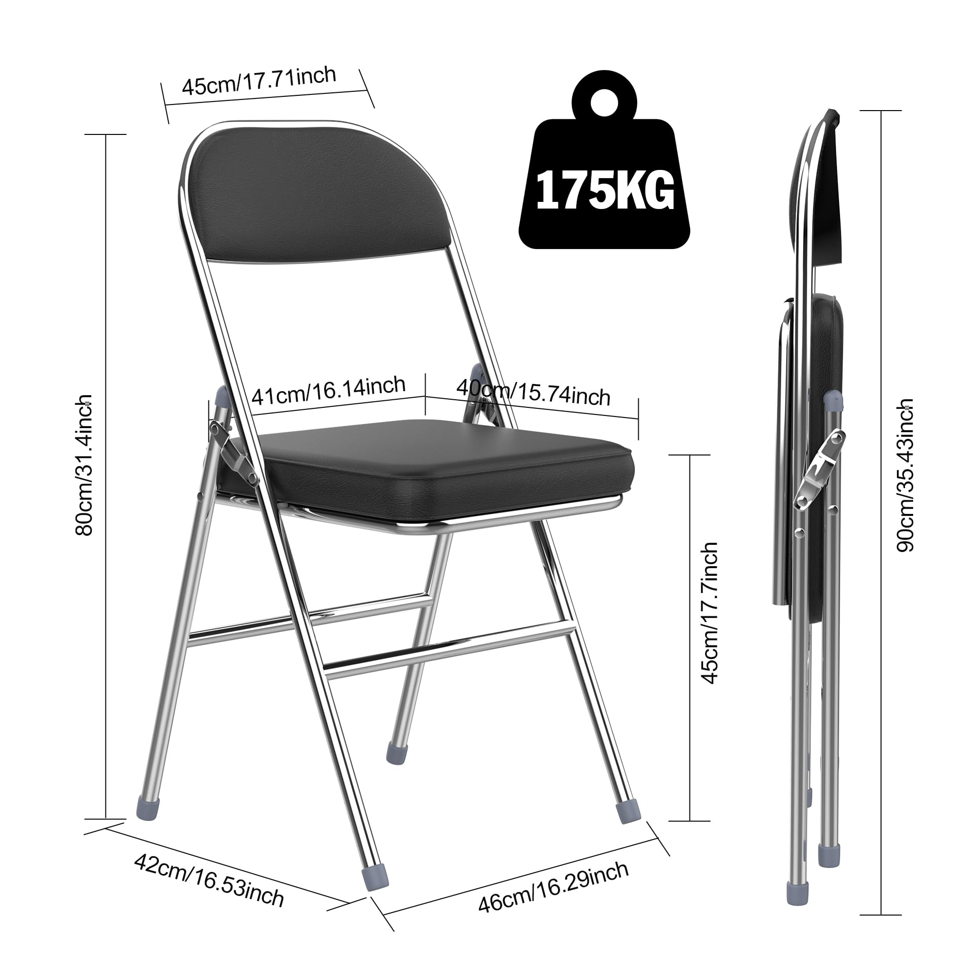 Lot de 4 Chaise Pliante, Chaises de Salle à Manger en PU, Cadre en métal, avec Dossier, 46x41x80.3cm, pour Salon, Bureau, Salle à Manger, Noir