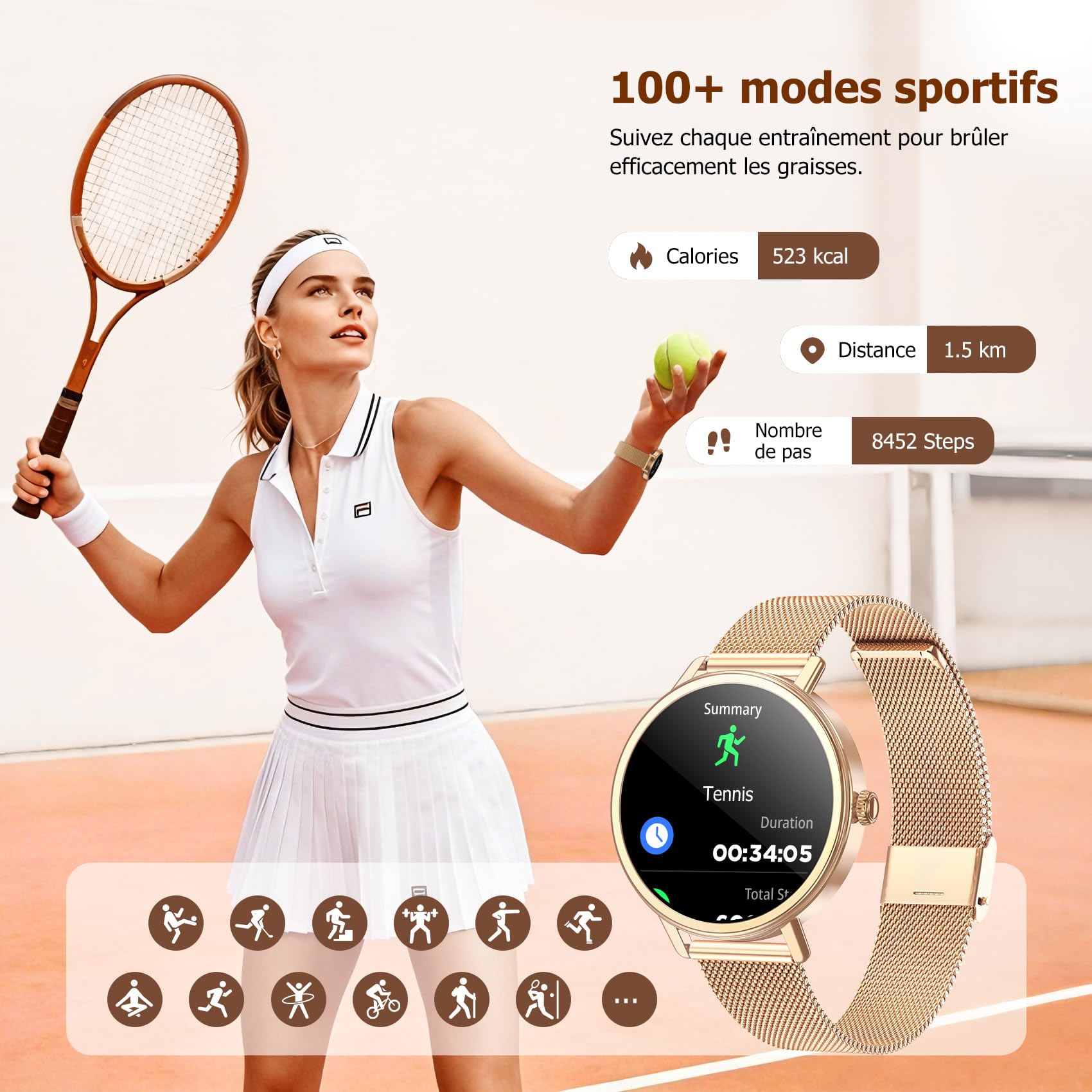IOWODO Montre Connectée Femme avec Appels Bluetooth, Écran HD 1,26 Pouce, Bluetooth 5.4, 100+ Modes Sportifs, Fréquence Cardiaque et SpO2, Suivi du Cycle Féminin, Étanche IP68, Or Rose