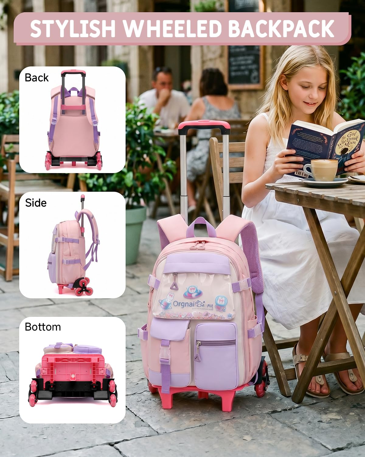 Tanou Mochila escolar con ruedas para niñas, mochila escolar con ruedas de 2 a 5 clases, mochila escolar para niñas con 6 ruedas, desmontable, Rosa., Mittelgroße, Preppy