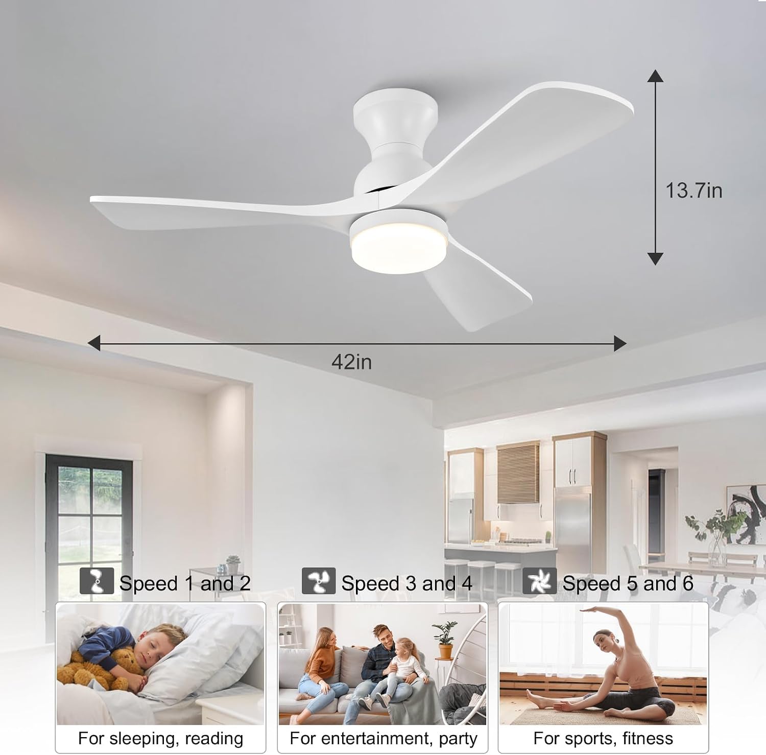 42 Inch Low Profile Ceiling Fan with Light and Remote, Dimmable, Quiet 6 Speeds DC Motor Wood Flush Mount Ceiling Fan, Hugger Ceiling Fans with Lights, Indoor Outdoor White