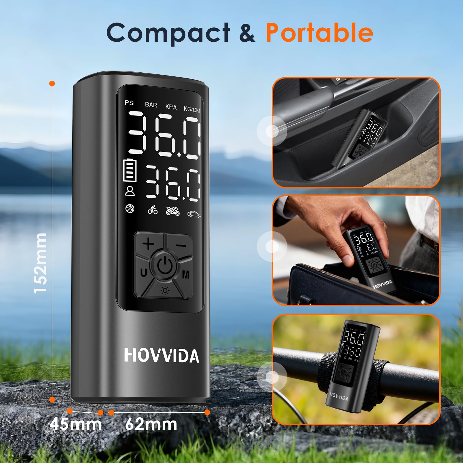 HOVVIDA Gonfleur Pneus Voiture, Compresseur à Air Portatif sans Fil, 150 PSI (10,3 Bar), Gonfleur Electrique, Pompe a Velo, Inflation Rapide, Arrêt Automatique, LED, pour Voiture, Moto, Vélo, Ballon