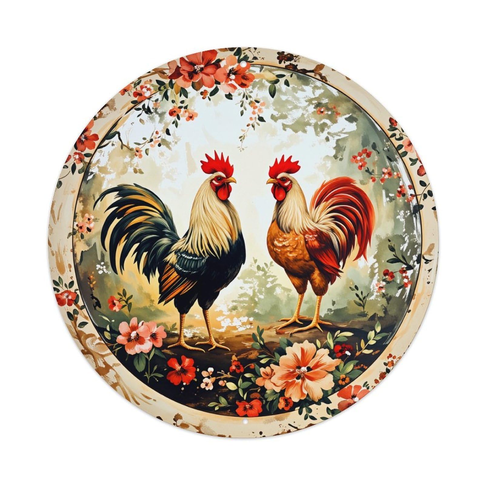 Rooster Floral Garden Scene Art Round Tin Sign Vintage Metal Sign Home Bar Garden Indoor & Outdoor Wall Decor Retro Metal Poster 8x8 Inch