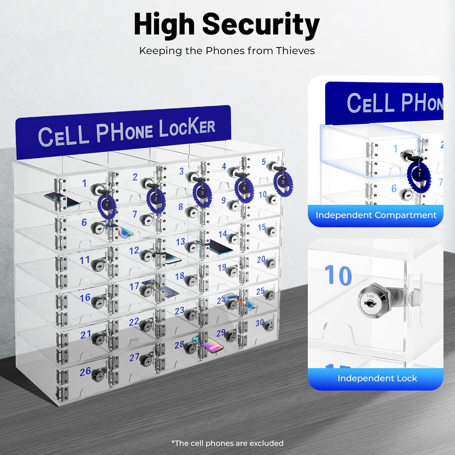 Cell Phone Locker, 30 Slots Acrylic Cell Phone Locker Box with Door Locks and Keys, Wall-Mounted Acrylic Cabinet Cell Phone Storage Box for Office School Classroom Factory