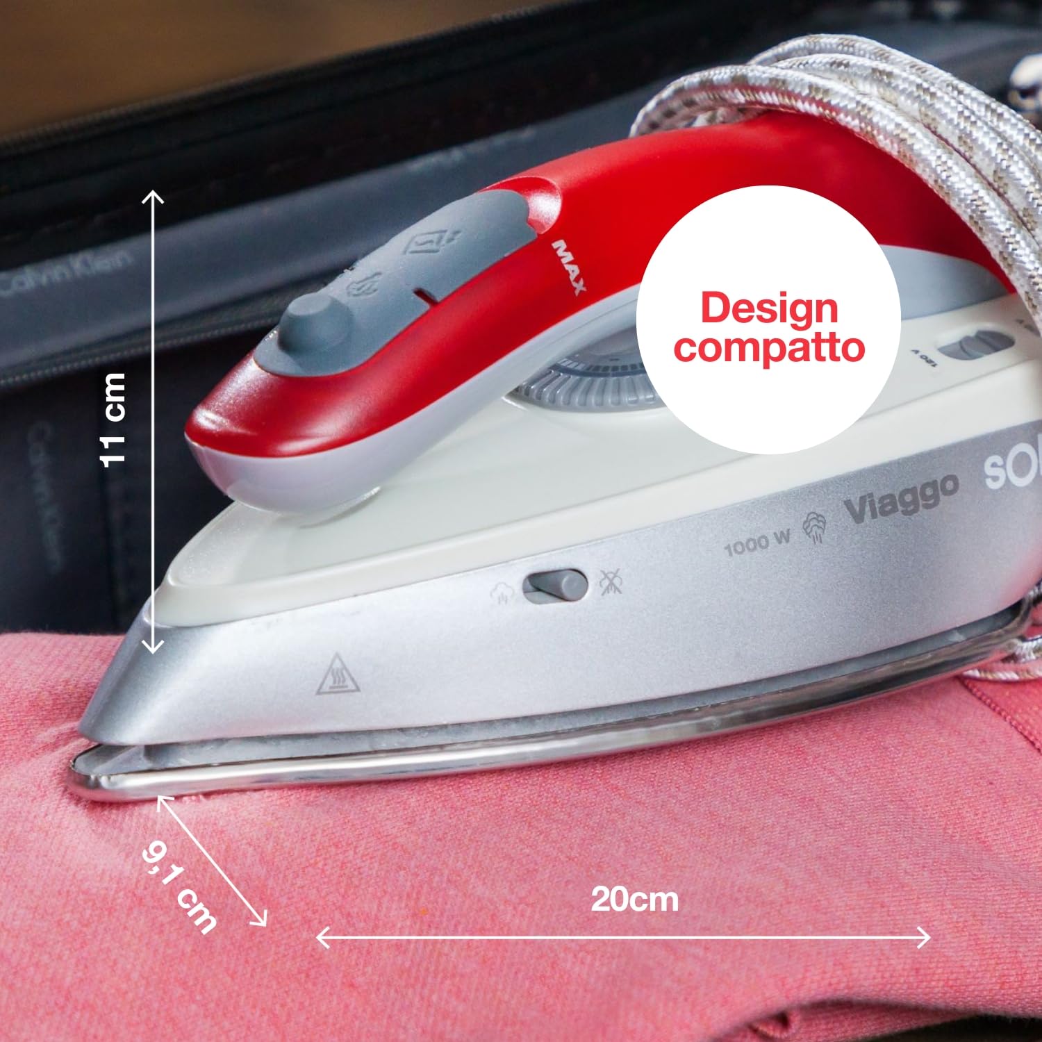 Solac - Ferro da Stiro da Viaggio Pro, 1100W, Colpo di Vapore 45 g/min, Vapore Continuo + Verticale, Regolatore di Temperatura, Anticalcare, Antigoccia, Piastra in Ceramica, Rosso/Grigio