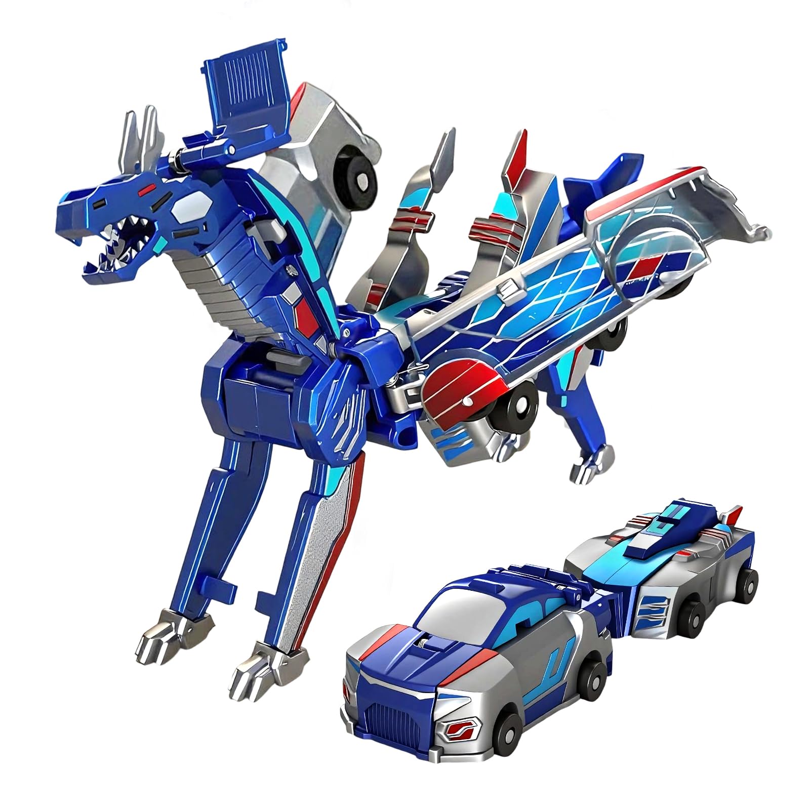 Magnetic Transforming Car Toy, Dinosaur Robot Vehicle, Collision-Activated Kids Play Set, Blue and Silver (Blue)