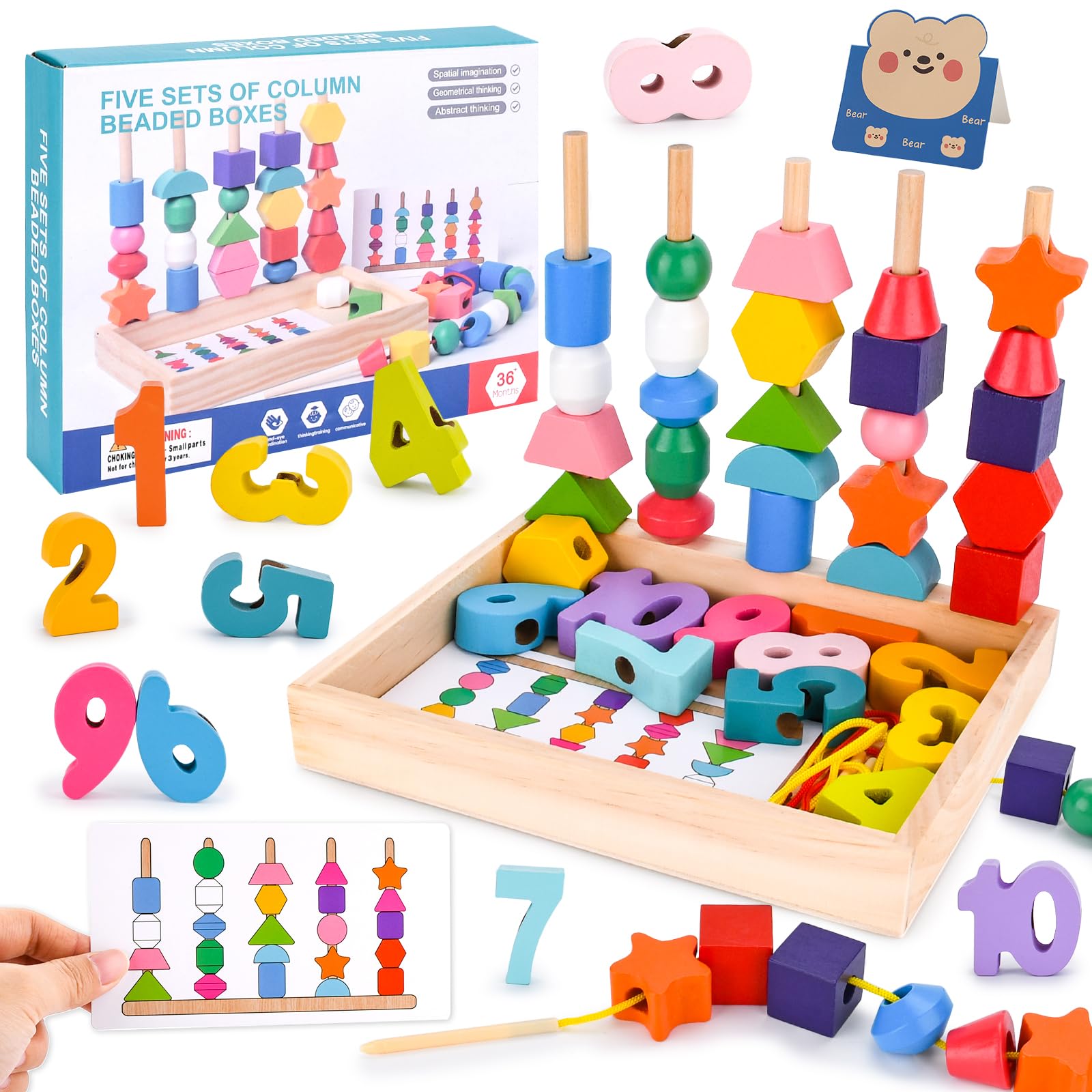 Wooden Montessori Toys Educational Games,4 in 1 Montessori Stacking and Threading Wooden Games,Educational Games Children 2 3 4 Years,Gifts for Boys Girls 1 2 3 Years Old