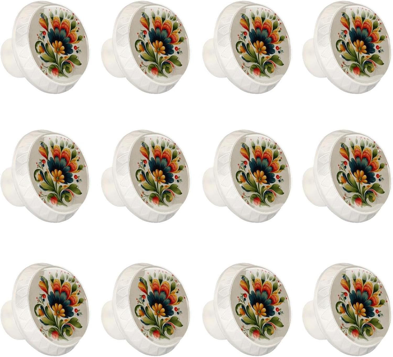 Black Norwegian Rosemaling Folk Style Flower (4) Pattern Drawer Knobs, Decorative Cabinet Hardware for Bathroom Cabinet, Sturdy Glass Knobs with Screws