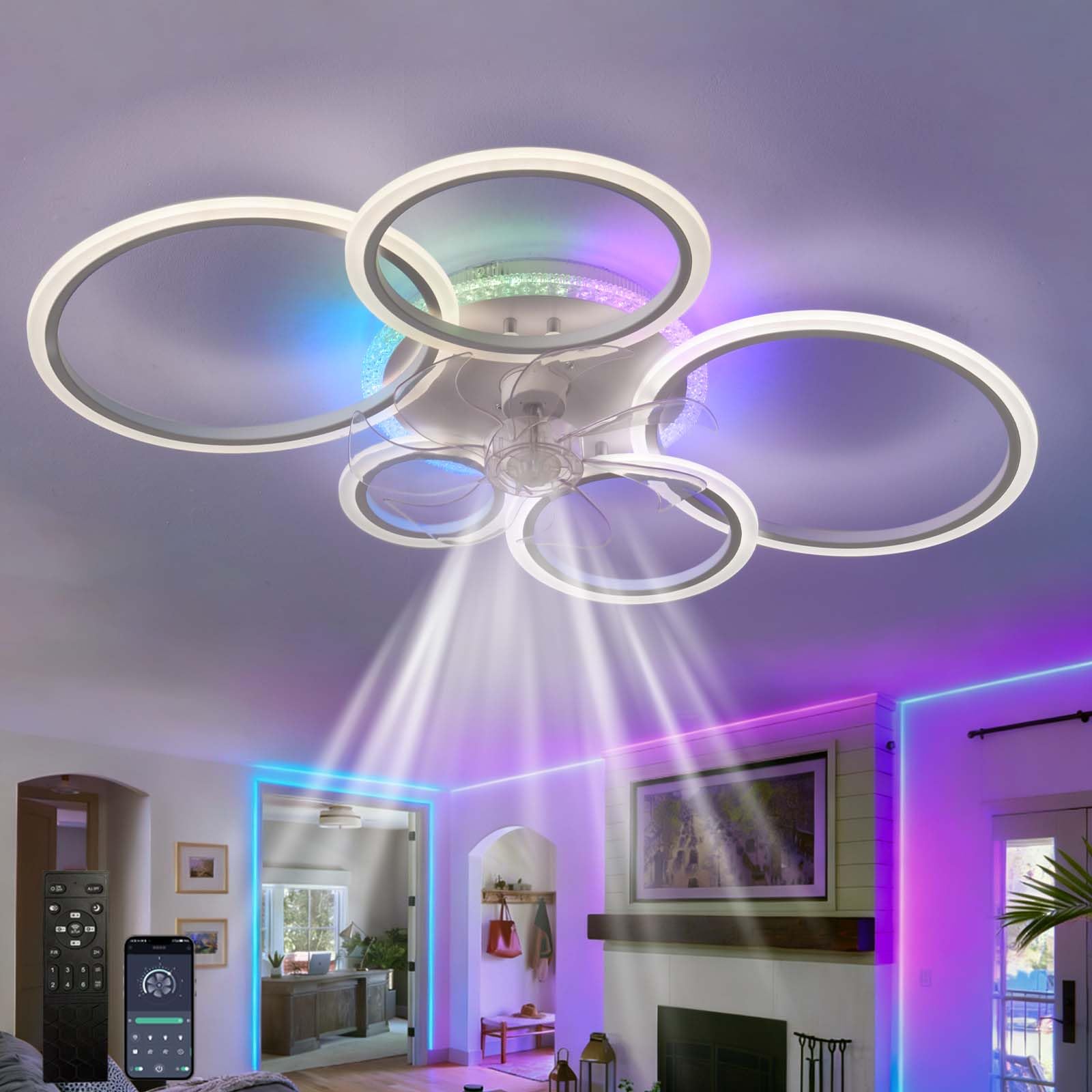 ZOMLBOF Reversible Fans with Lights 6-Speed Timer,Coloured Ceiling Light with Fan Dimmable,RGB Quiet Ceiling Fan Light with App Remote Control,for Living Room Bedroom and Game Room 95CM-White